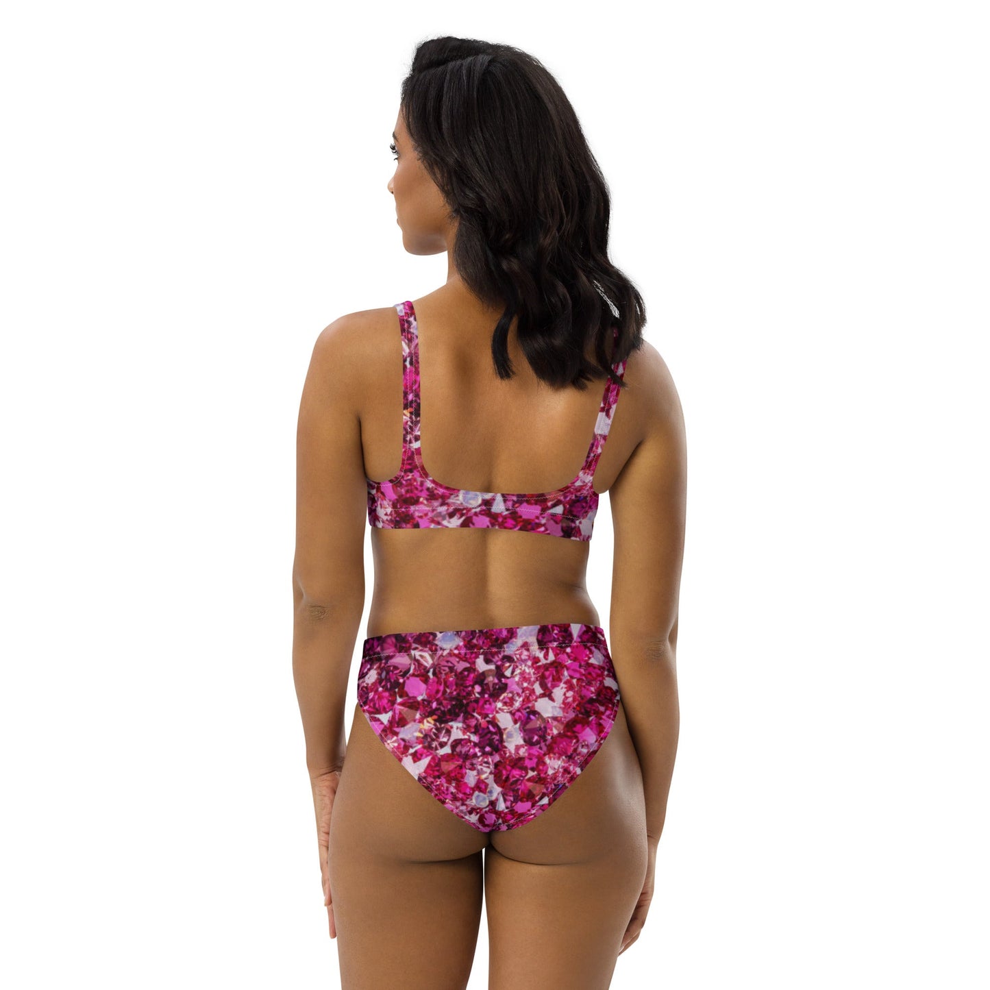 Recycled high - waisted bikini, Beach dress, Beach dress for summer and spring Pink Ruby Bikini, Rhinestone Print, ( Not Real Sequins Design Is Printed Onto Fabric) - PratSN