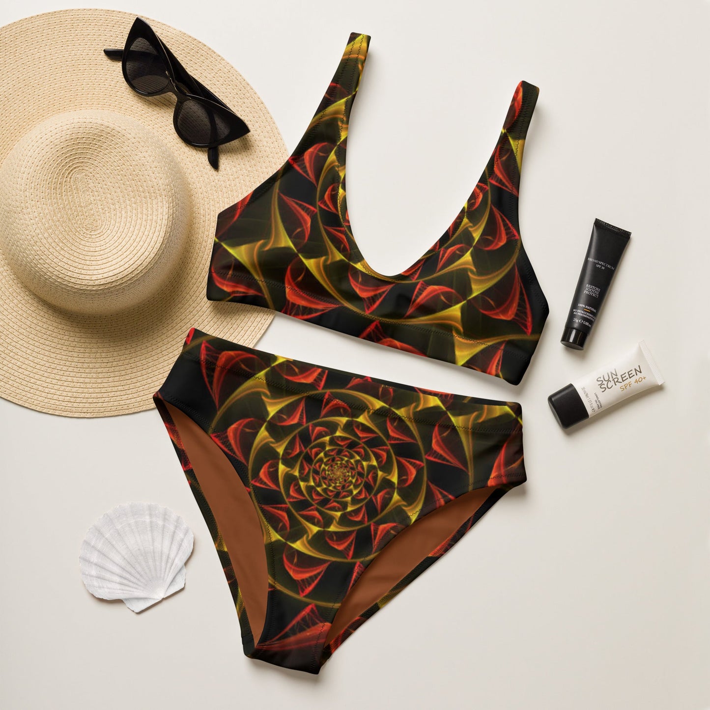 Recycled high - waisted bikini, Black Gold Red Two Piece Bikini, Swimsuit for Women Vacation Beachwear Cruise Swimsuit, Bikini, Gift Bathing Suit - PratSN