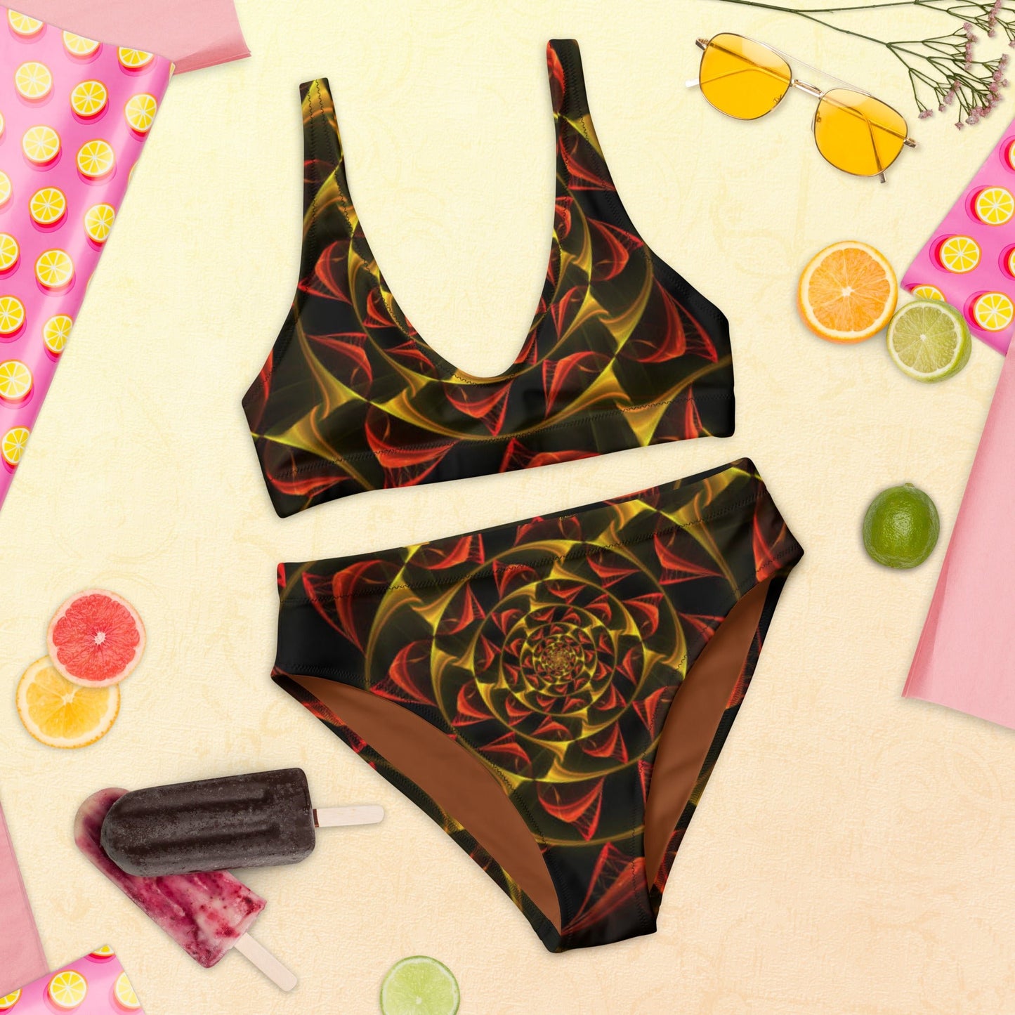 Recycled high - waisted bikini, Black Gold Red Two Piece Bikini, Swimsuit for Women Vacation Beachwear Cruise Swimsuit, Bikini, Gift Bathing Suit - PratSN