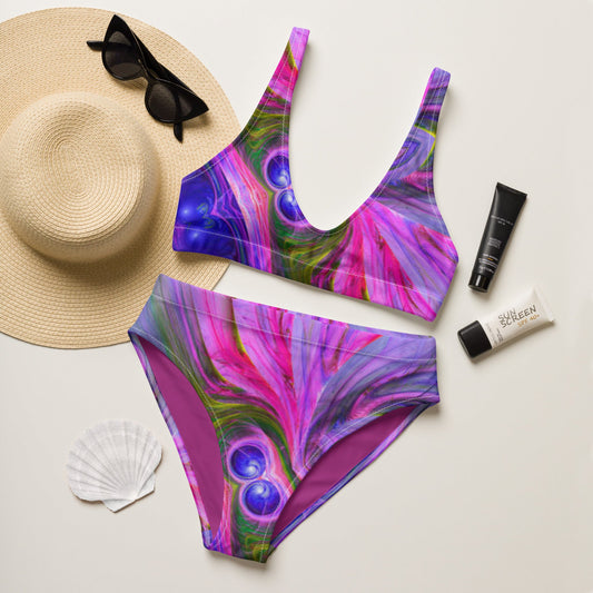 Recycled high - waisted bikini, Blue Pink Green Two Piece Swimsuit for Women Vacation Beachwear Cruise Swimsuit, Bikini, Gift Bathing Suit - PratSN