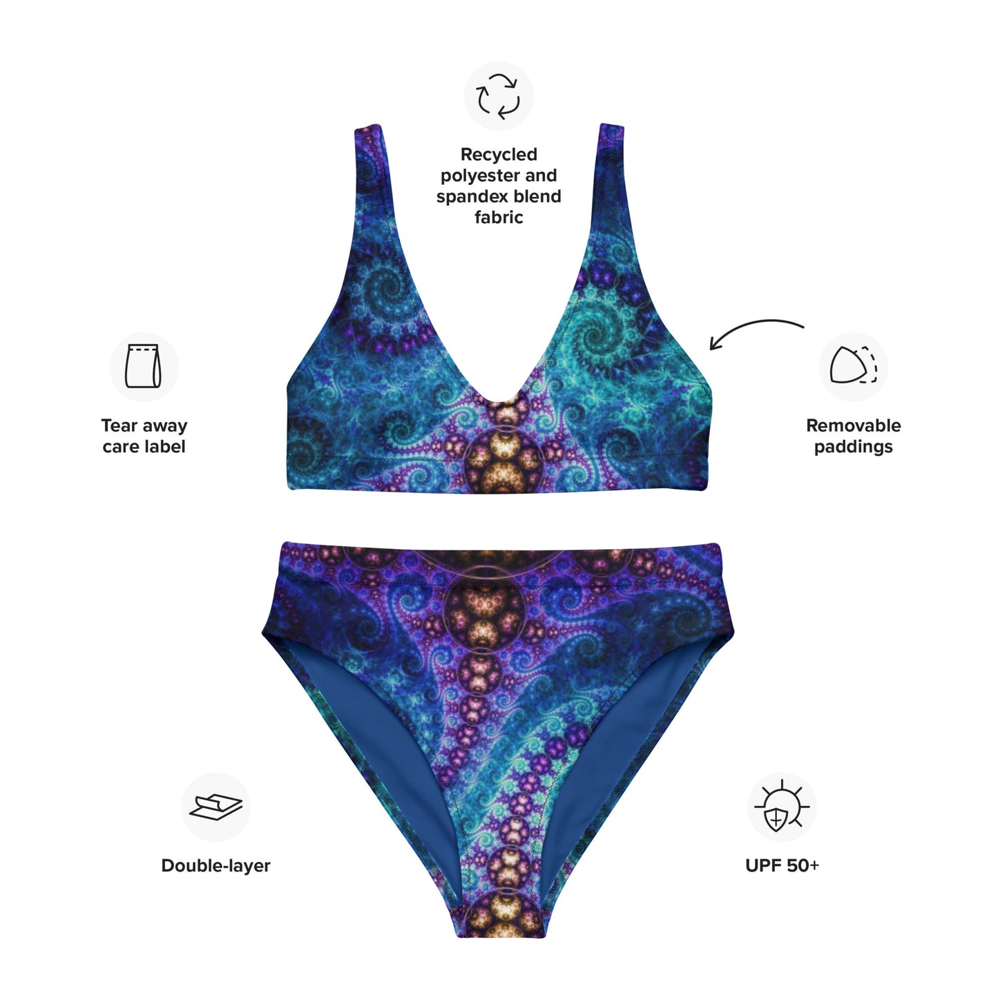 Recycled high - waisted bikini, Blue Two Piece Swimsuit for Women Vacation Beachwear Cruise Swimsuit, Bikini, Gift Bathing Suit - PratSN