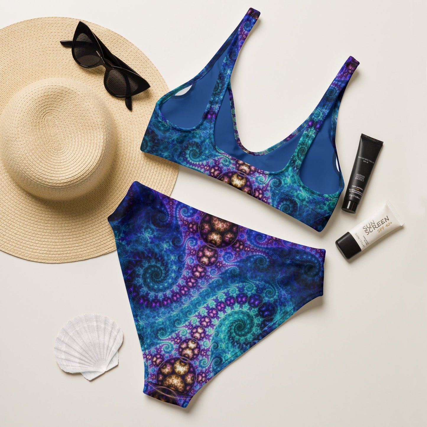 Recycled high - waisted bikini, Blue Two Piece Swimsuit for Women Vacation Beachwear Cruise Swimsuit, Bikini, Gift Bathing Suit - PratSN