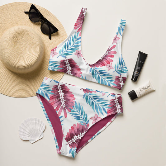 Recycled high - waisted bikini, Burgundy Sky blue White Bikini Leaf Pattern Bikini, Beach dress, Beach dress for summer and spring - PratSN