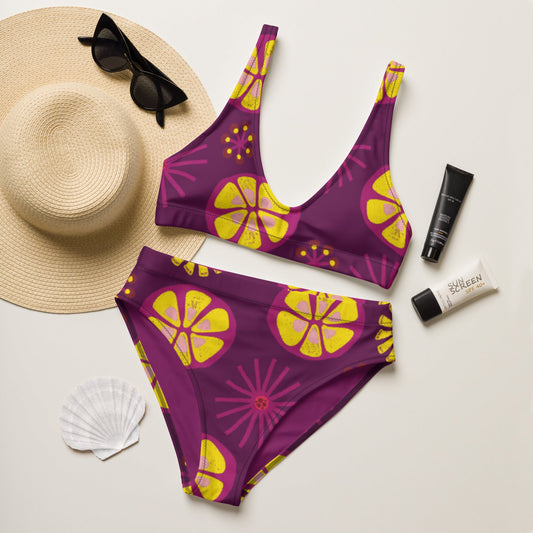 Recycled high - waisted bikini, Floral pattern bikini, Plum Yellow Bikini Beach dress, Beach dress for summer and spring - PratSN
