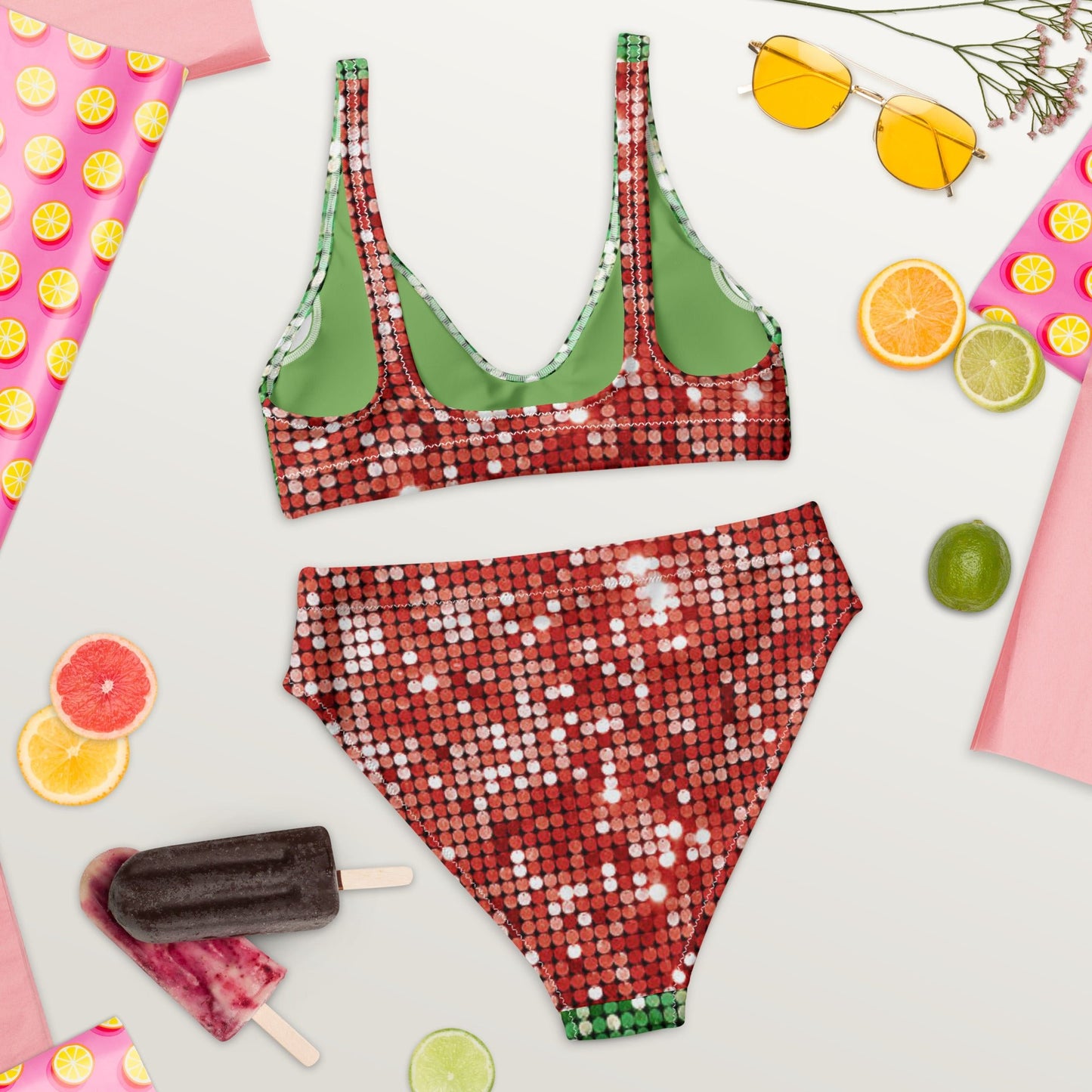 Recycled high - waisted bikini, Green and Red Bikini, Rhinestone Print (Not real sequins or jewels, design printed - PratSN