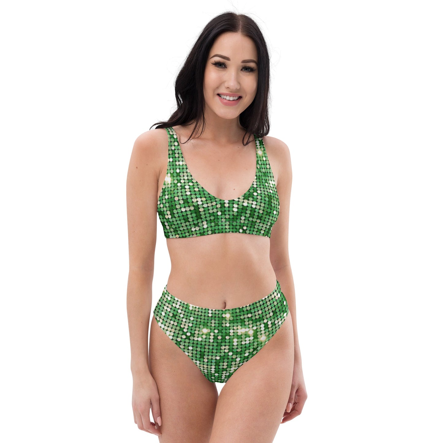 Recycled high - waisted bikini, Green and Red Bikini, Rhinestone Print (Not real sequins or jewels, design printed - PratSN