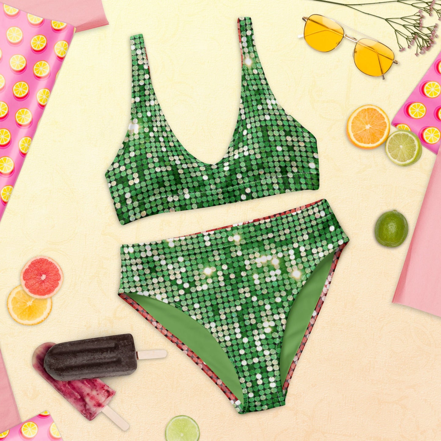 Recycled high - waisted bikini, Green and Red Bikini, Rhinestone Print (Not real sequins or jewels, design printed - PratSN