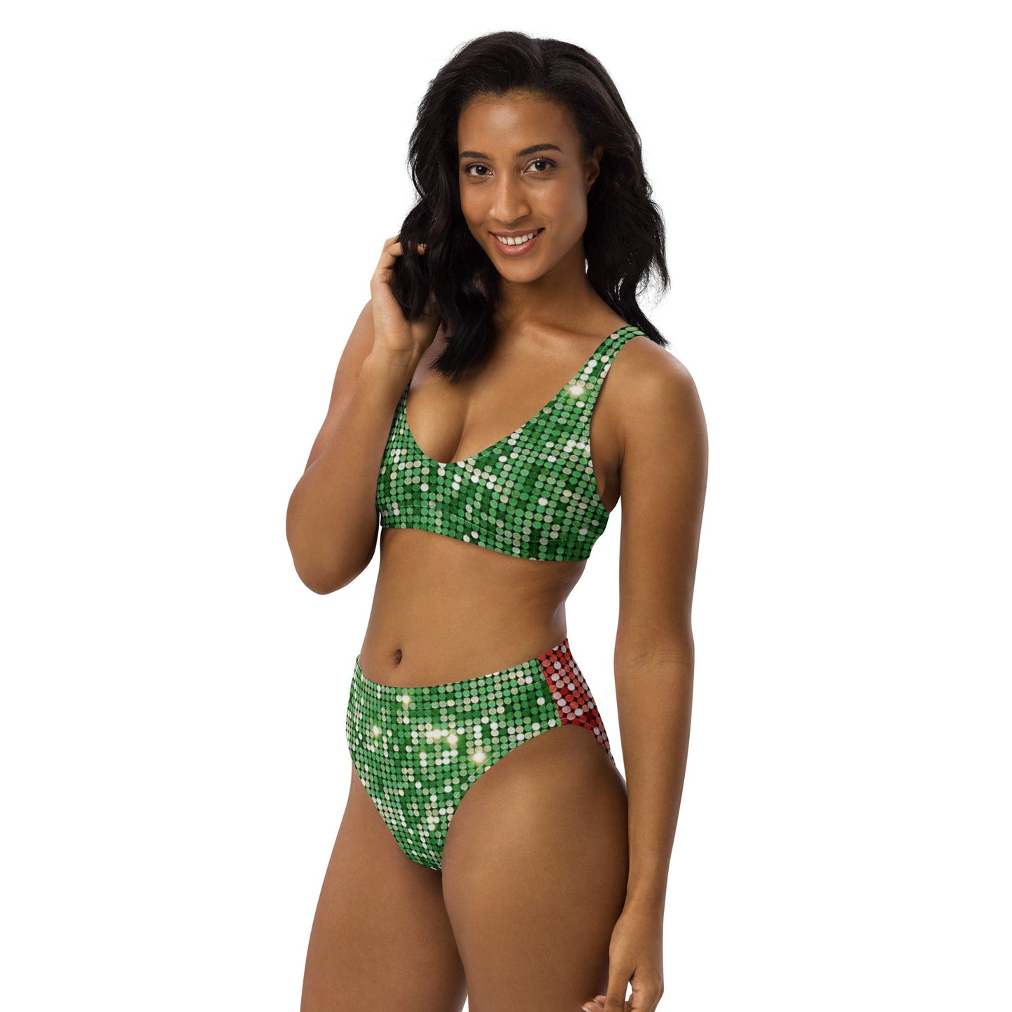 Recycled high - waisted bikini, Green and Red Bikini, Rhinestone Print (Not real sequins or jewels, design printed - PratSN