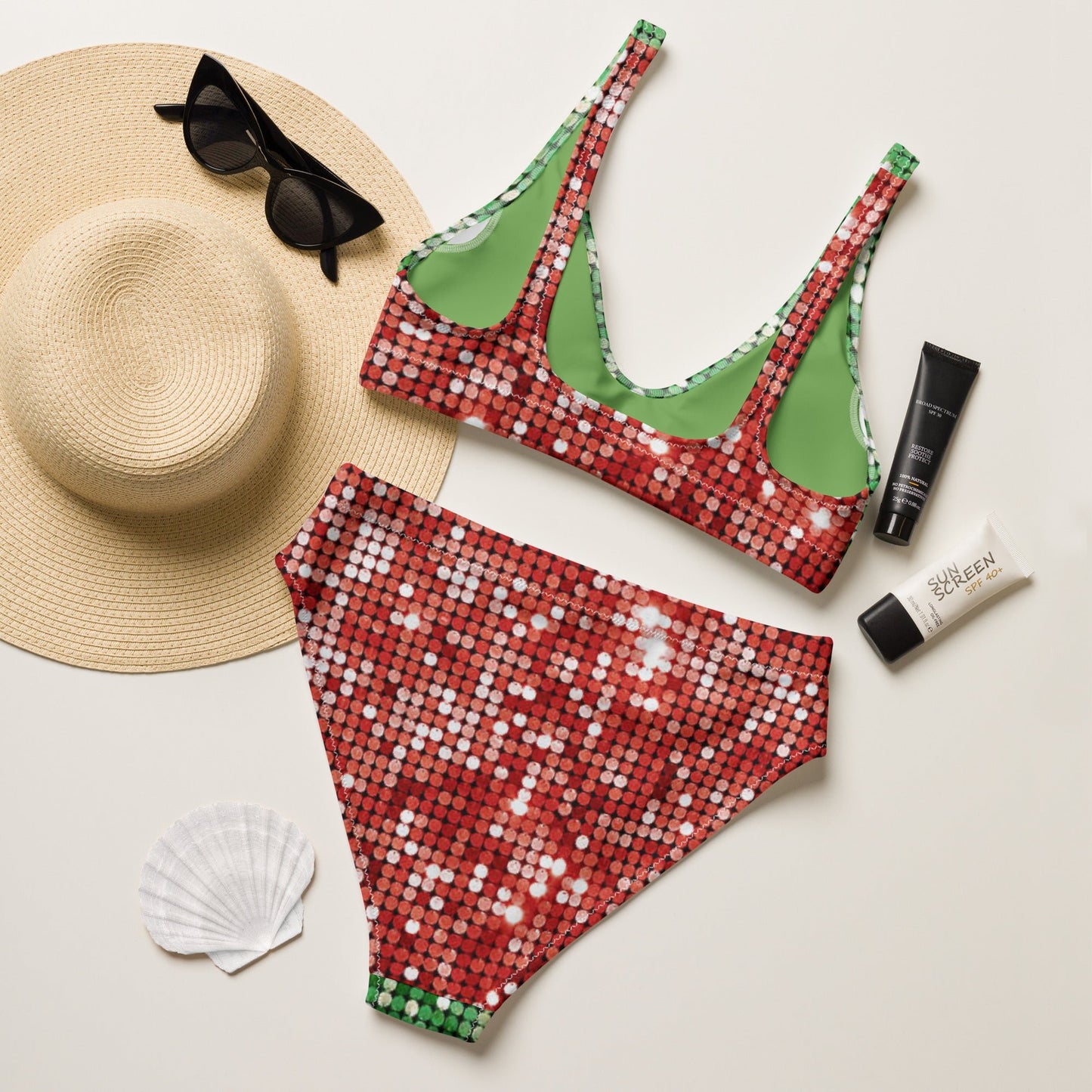 Recycled high - waisted bikini, Green and Red Bikini, Rhinestone Print (Not real sequins or jewels, design printed - PratSN