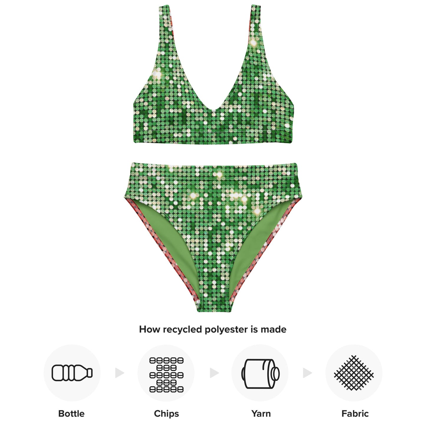 Recycled high - waisted bikini, Green and Red Bikini, Rhinestone Print (Not real sequins or jewels, design printed - PratSN