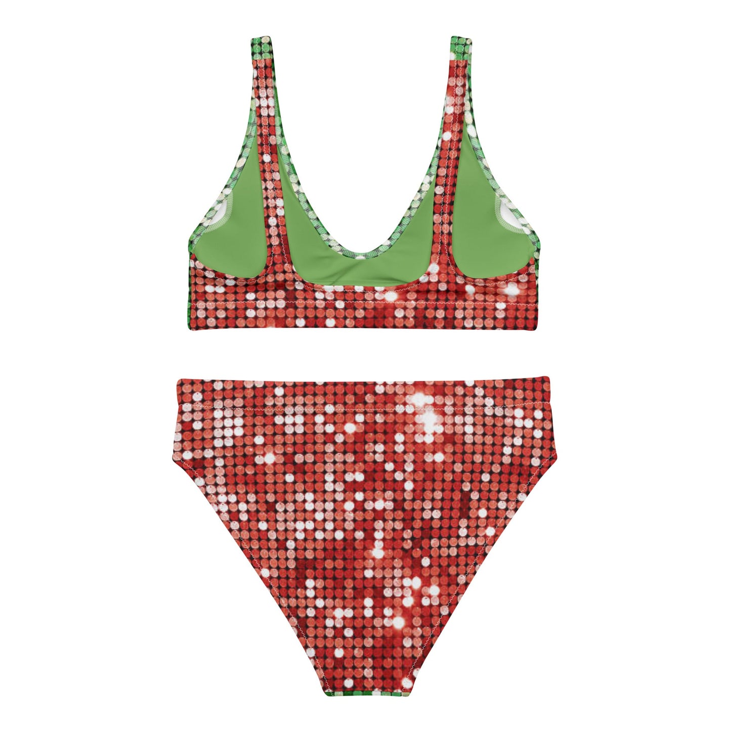 Recycled high - waisted bikini, Green and Red Bikini, Rhinestone Print (Not real sequins or jewels, design printed - PratSN