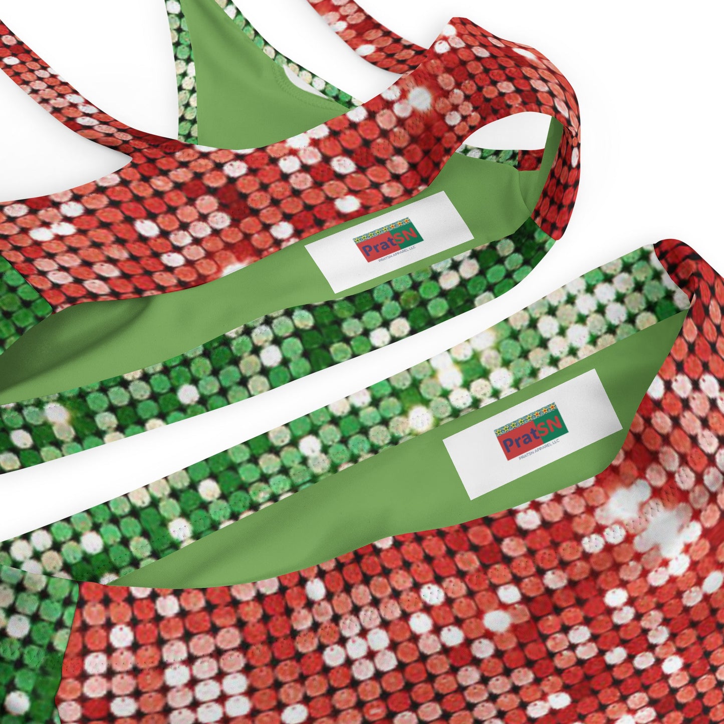 Recycled high - waisted bikini, Green and Red Bikini, Rhinestone Print (Not real sequins or jewels, design printed - PratSN