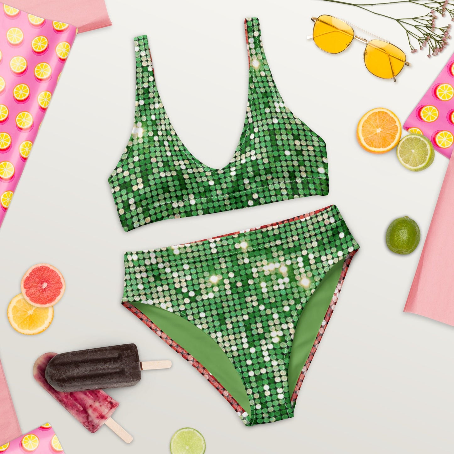 Recycled high - waisted bikini, Green and Red Bikini, Rhinestone Print (Not real sequins or jewels, design printed - PratSN