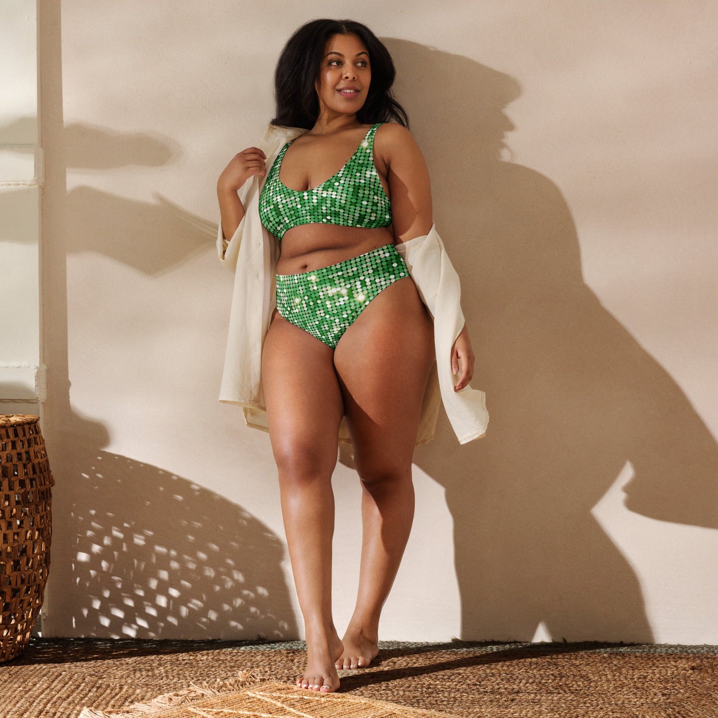 Recycled high - waisted bikini, Green and Red Bikini, Rhinestone Print (Not real sequins or jewels, design printed - PratSN