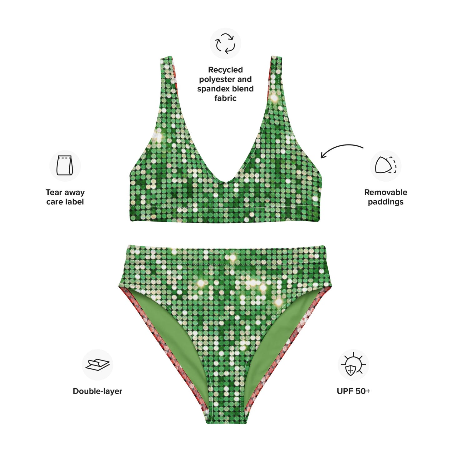 Recycled high - waisted bikini, Green and Red Bikini, Rhinestone Print (Not real sequins or jewels, design printed - PratSN