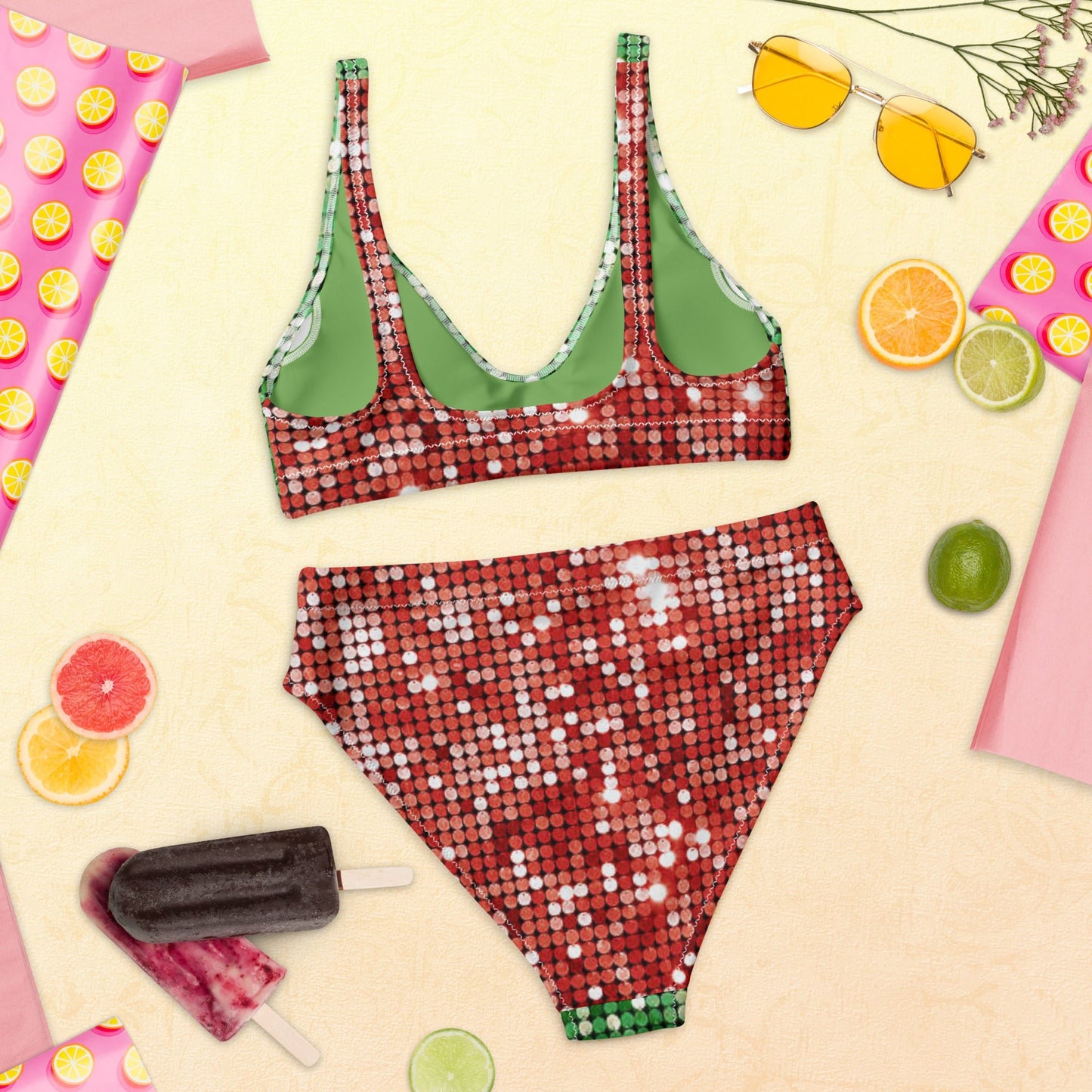 Recycled high - waisted bikini, Green and Red Bikini, Rhinestone Print (Not real sequins or jewels, design printed - PratSN