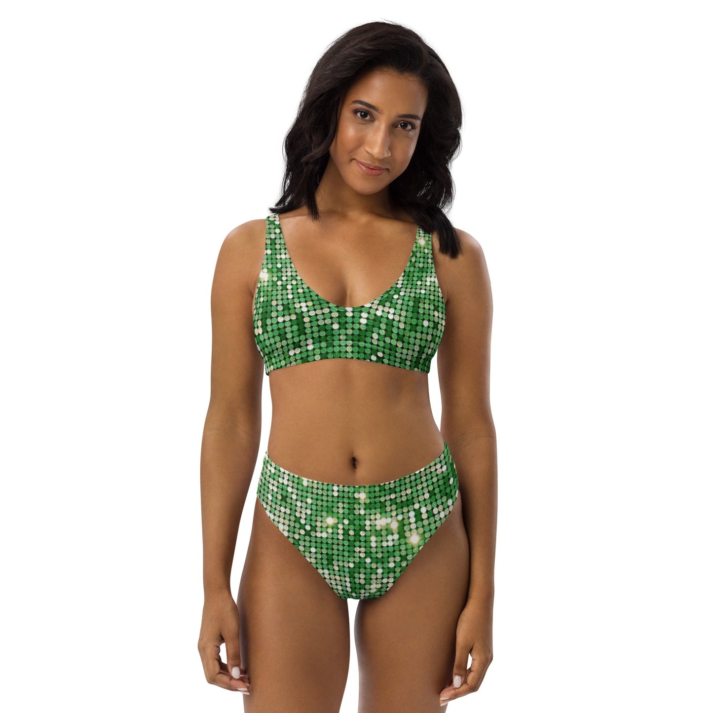 Recycled high - waisted bikini, Green and Red Bikini, Rhinestone Print (Not real sequins or jewels, design printed - PratSN