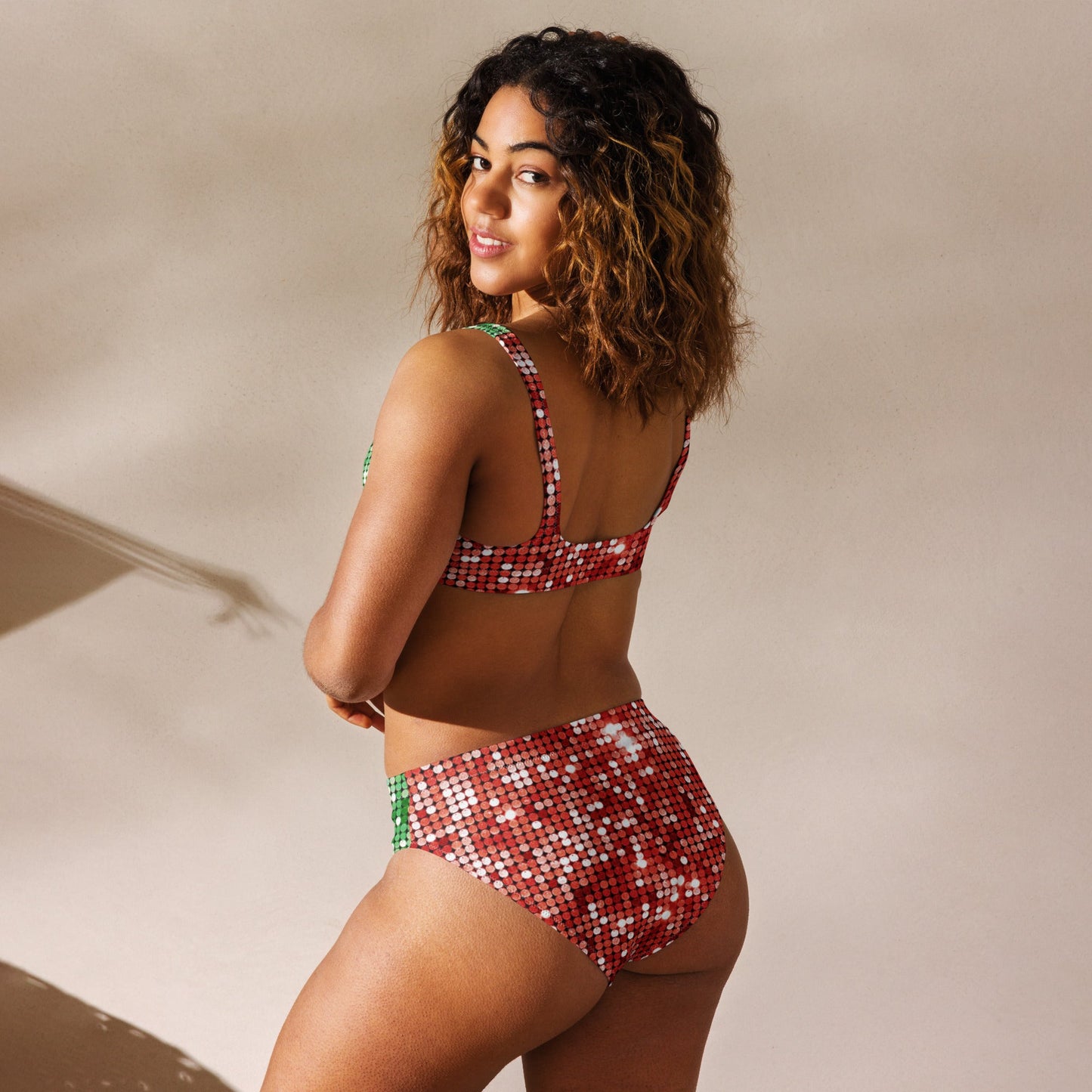 Recycled high - waisted bikini, Green and Red Bikini, Rhinestone Print (Not real sequins or jewels, design printed - PratSN