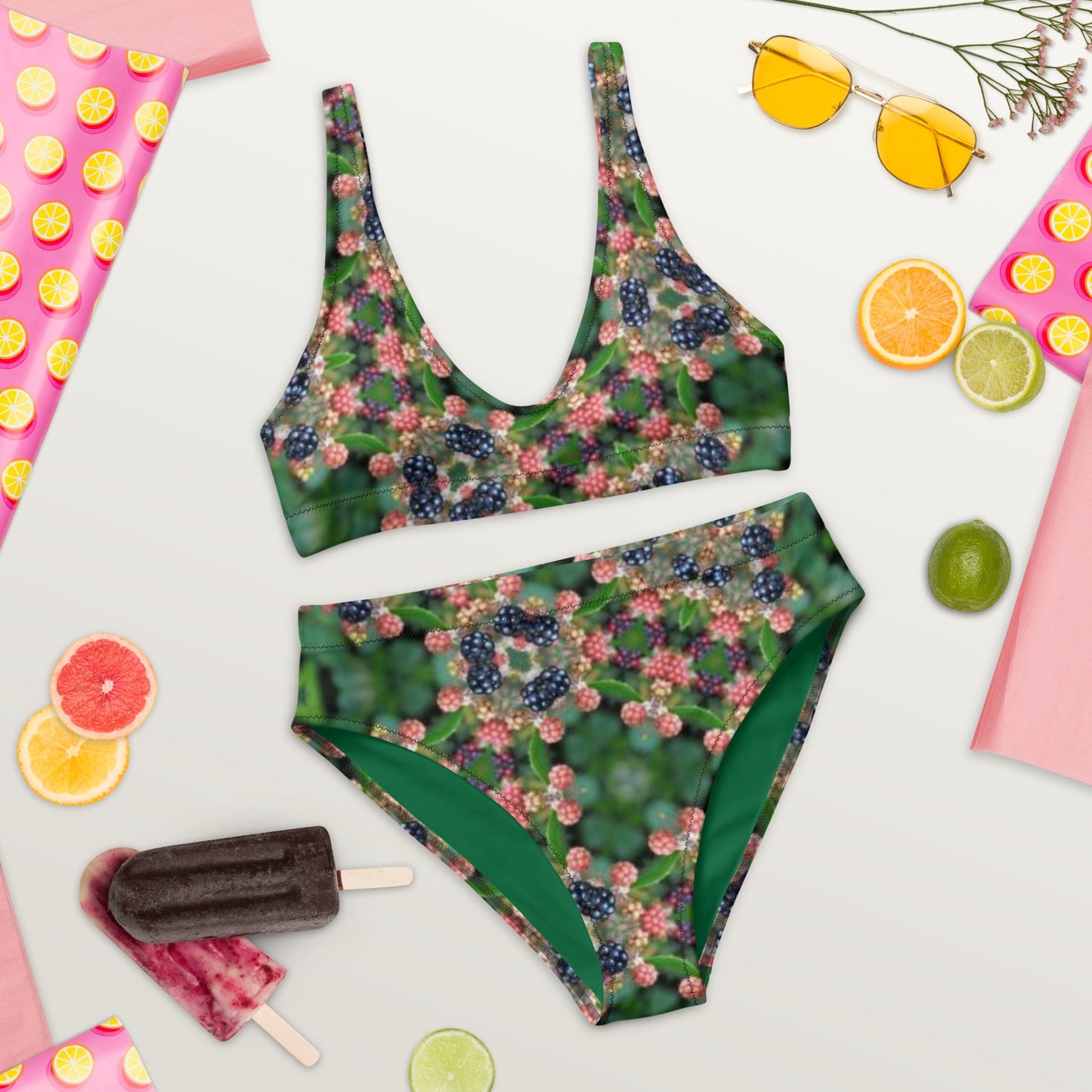 Recycled high - waisted bikini, Green Floral Bikini, Two Piece Swimsuit for Women Vacation Beachwear Cruise Swimsuit Bikini, Gift Bathing Suit - PratSN