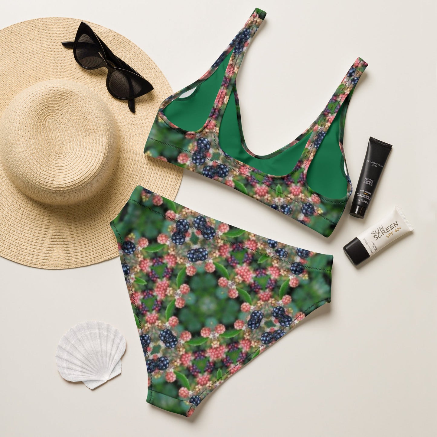 Recycled high - waisted bikini, Green Floral Bikini, Two Piece Swimsuit for Women Vacation Beachwear Cruise Swimsuit Bikini, Gift Bathing Suit - PratSN