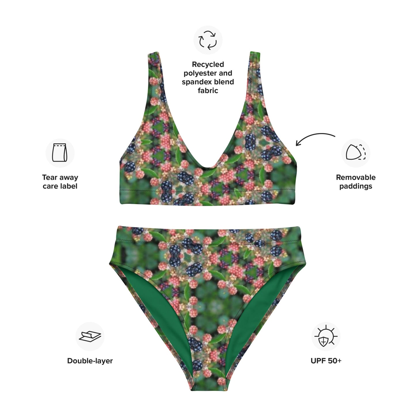 Recycled high - waisted bikini, Green Floral Bikini, Two Piece Swimsuit for Women Vacation Beachwear Cruise Swimsuit Bikini, Gift Bathing Suit - PratSN