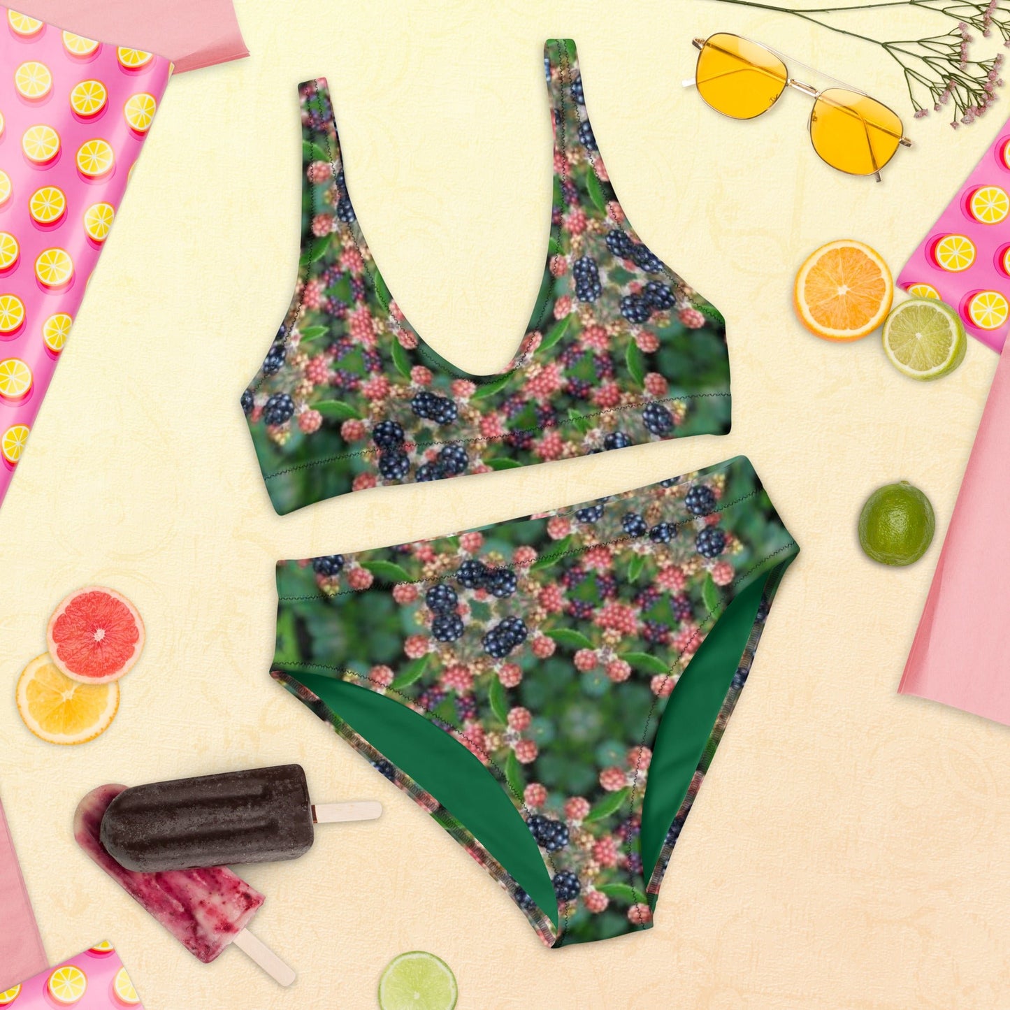 Recycled high - waisted bikini, Green Floral Bikini, Two Piece Swimsuit for Women Vacation Beachwear Cruise Swimsuit Bikini, Gift Bathing Suit - PratSN