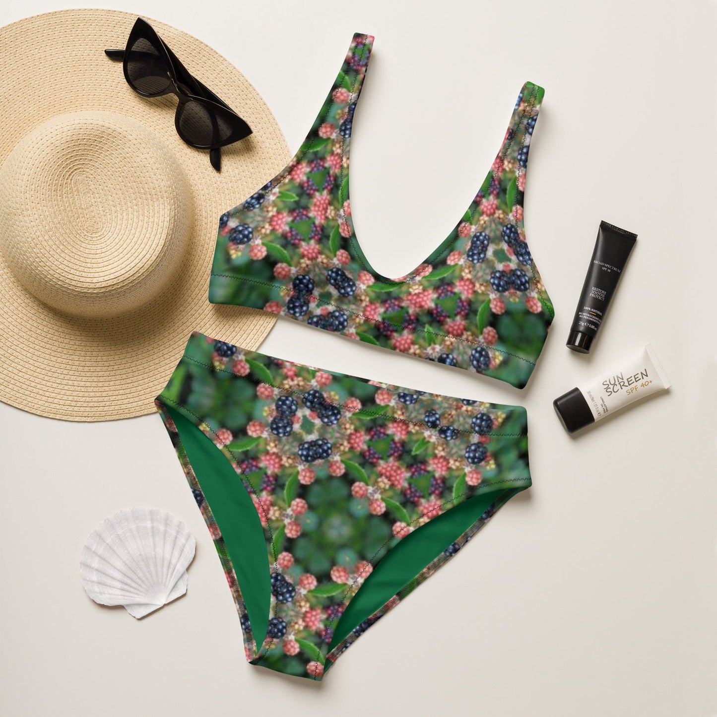 Recycled high - waisted bikini, Green Floral Bikini, Two Piece Swimsuit for Women Vacation Beachwear Cruise Swimsuit Bikini, Gift Bathing Suit - PratSN