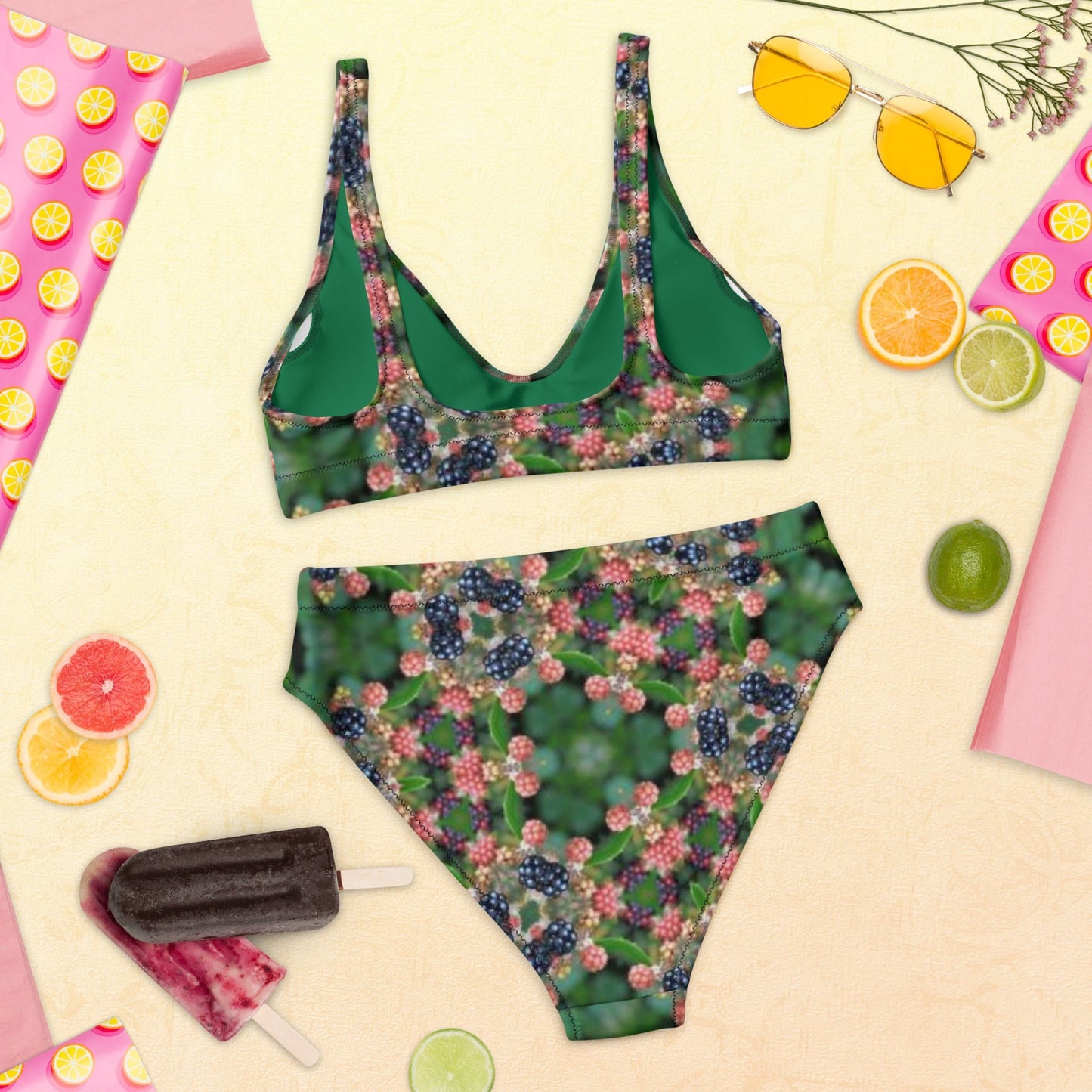 Recycled high - waisted bikini, Green Floral Bikini, Two Piece Swimsuit for Women Vacation Beachwear Cruise Swimsuit Bikini, Gift Bathing Suit - PratSN