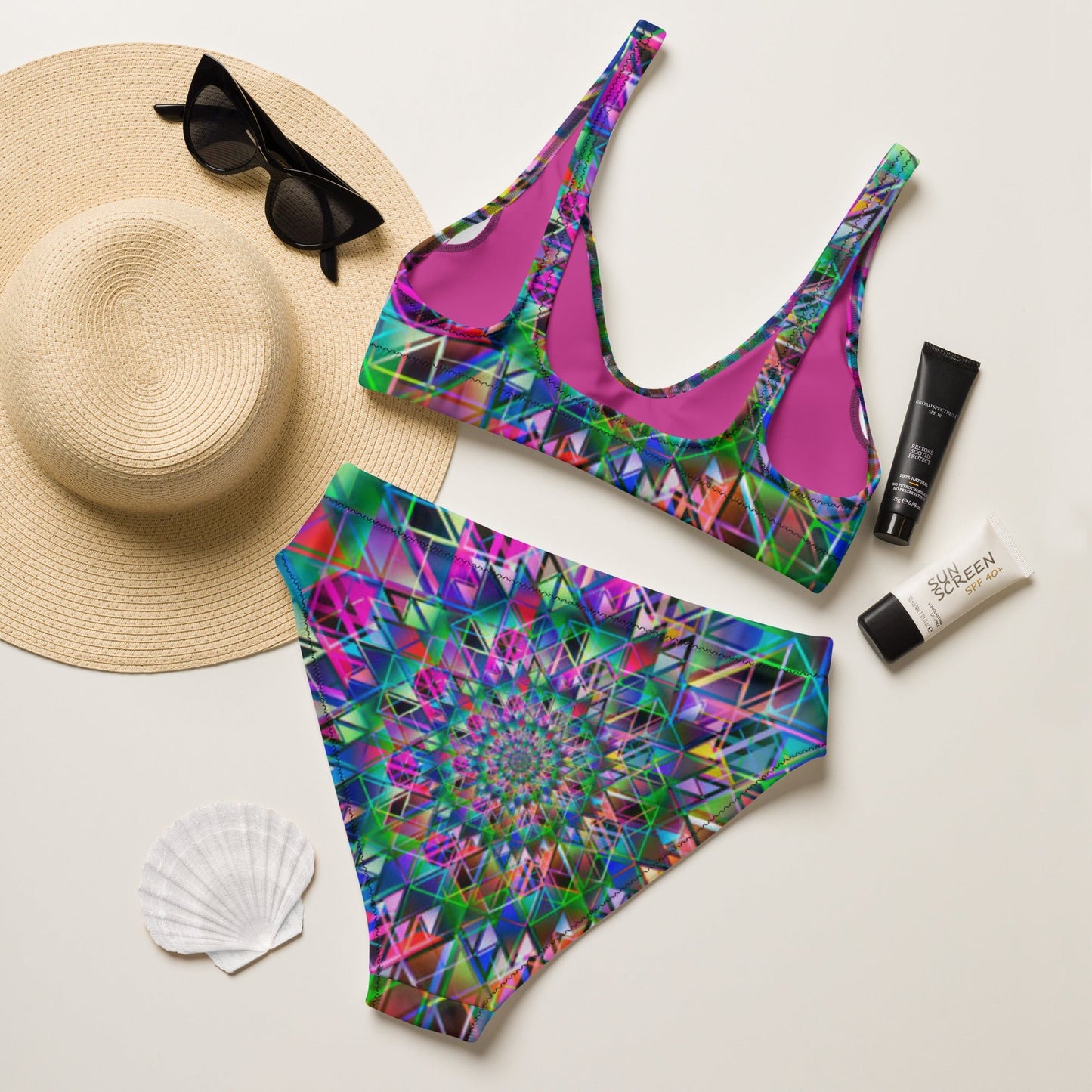 Recycled high - waisted bikini, Green Purple Swimsuit for Women Vacation Beachwear Cruise Swimsuit, Bikini, Gift Bathing Suit - PratSN