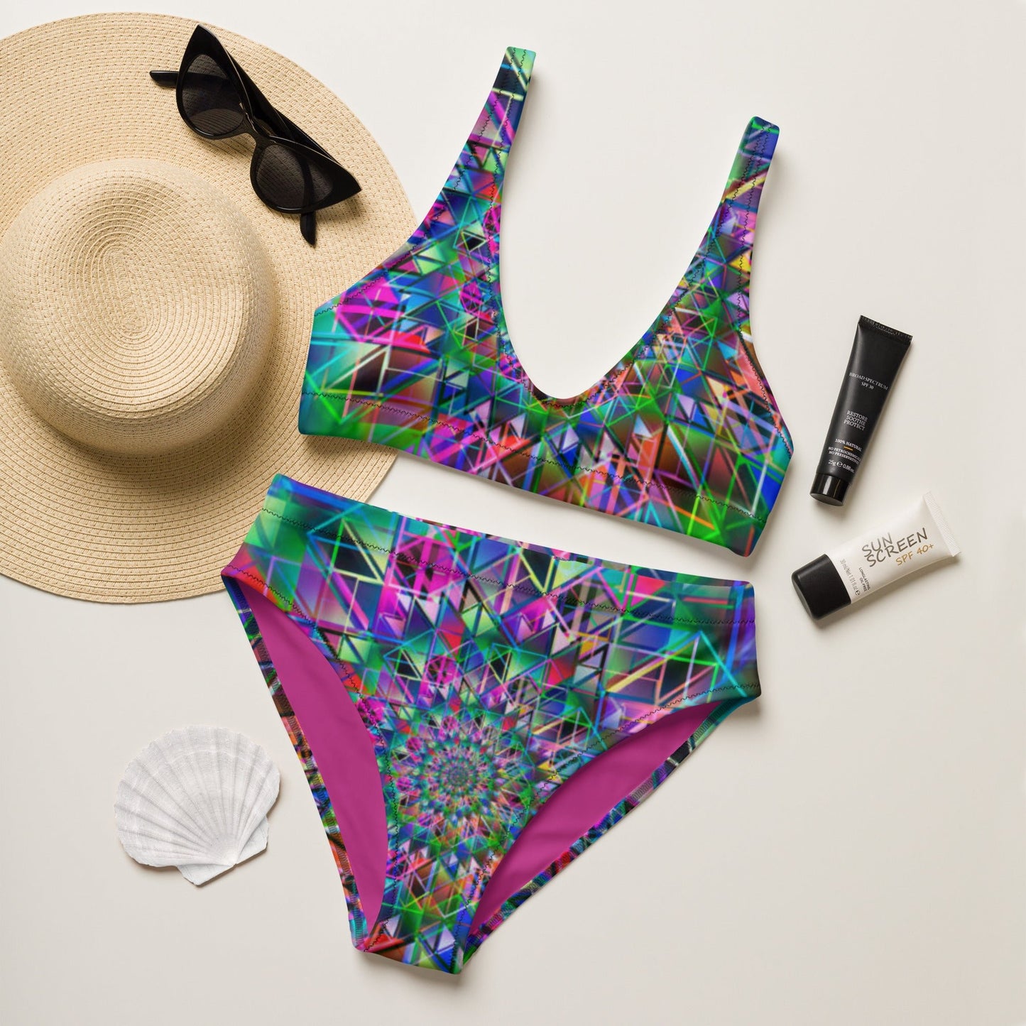 Recycled high - waisted bikini, Green Purple Swimsuit for Women Vacation Beachwear Cruise Swimsuit, Bikini, Gift Bathing Suit - PratSN