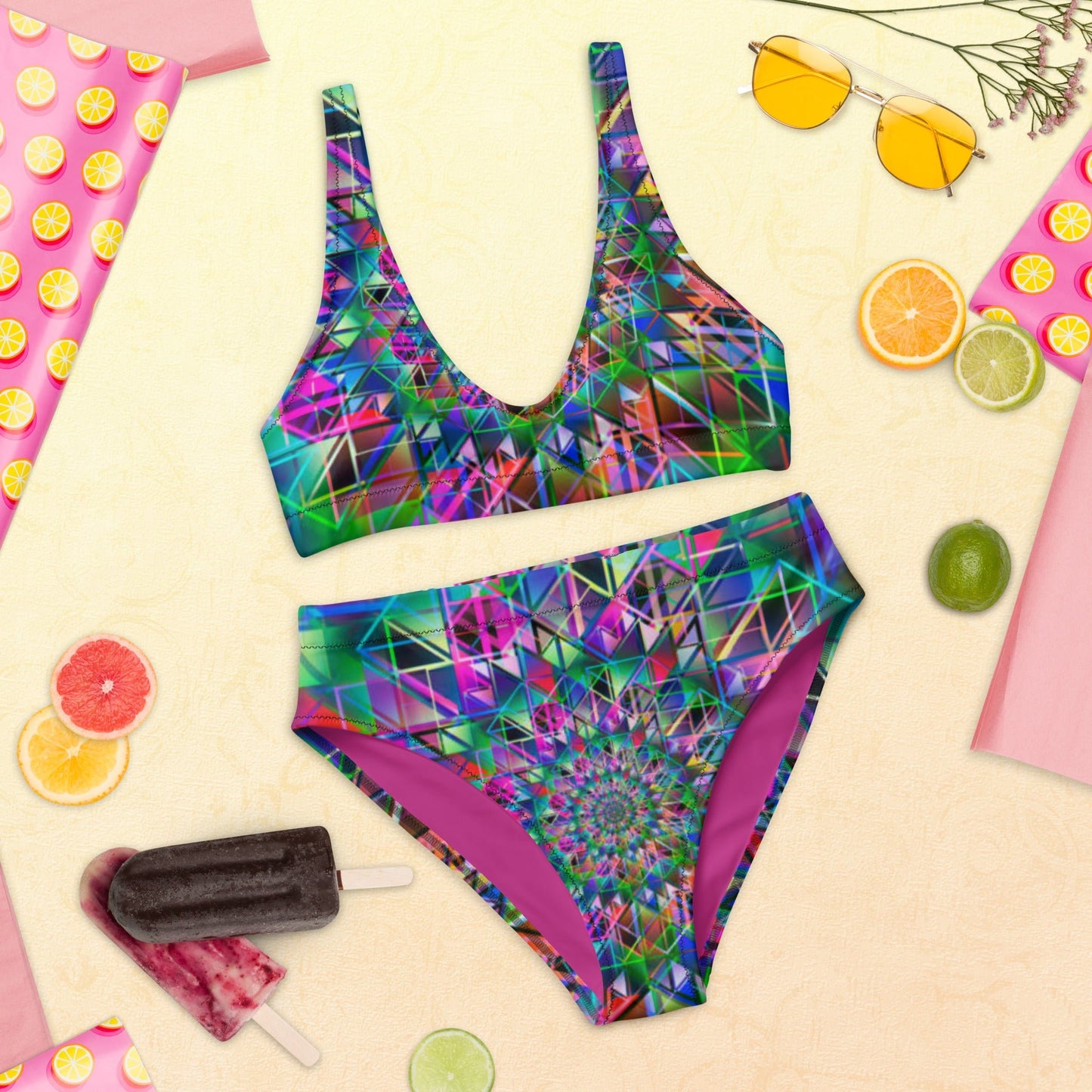 Recycled high - waisted bikini, Green Purple Swimsuit for Women Vacation Beachwear Cruise Swimsuit, Bikini, Gift Bathing Suit - PratSN
