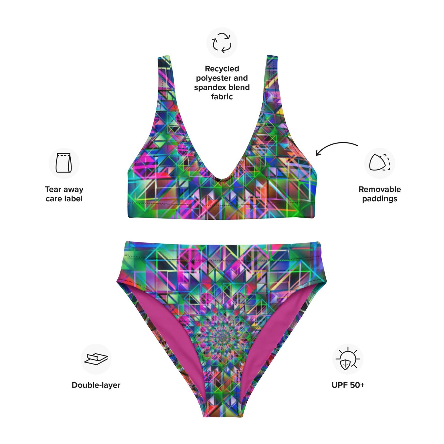 Recycled high - waisted bikini, Green Purple Swimsuit for Women Vacation Beachwear Cruise Swimsuit, Bikini, Gift Bathing Suit - PratSN
