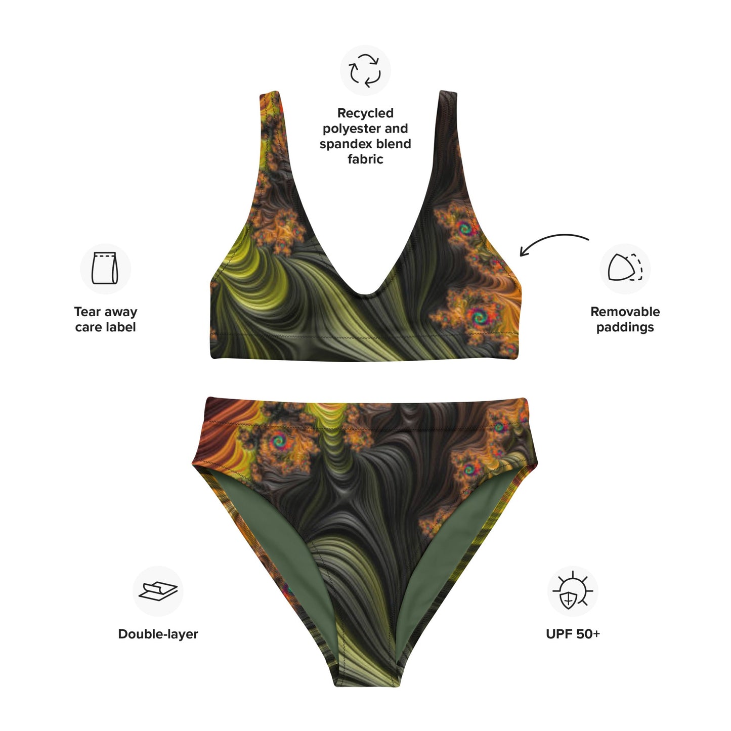 Recycled high - waisted bikini, Olive Two Piece Swimsuit for Women Vacation Beachwear Cruise Swimsuit, Bikini, Gift Bathing Suit - PratSN