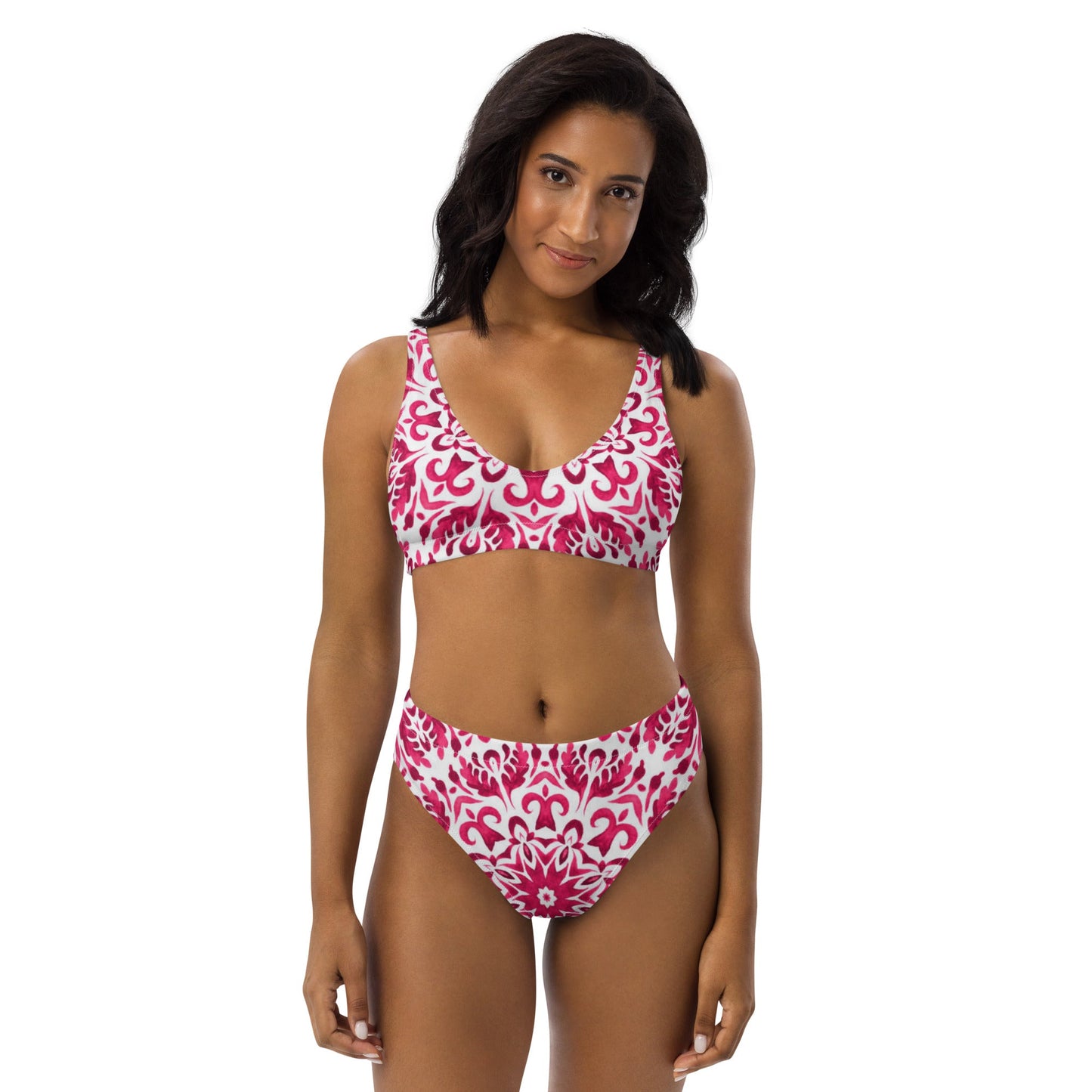 Recycled high - waisted bikini, Pink White Floral Bikini - PratSN