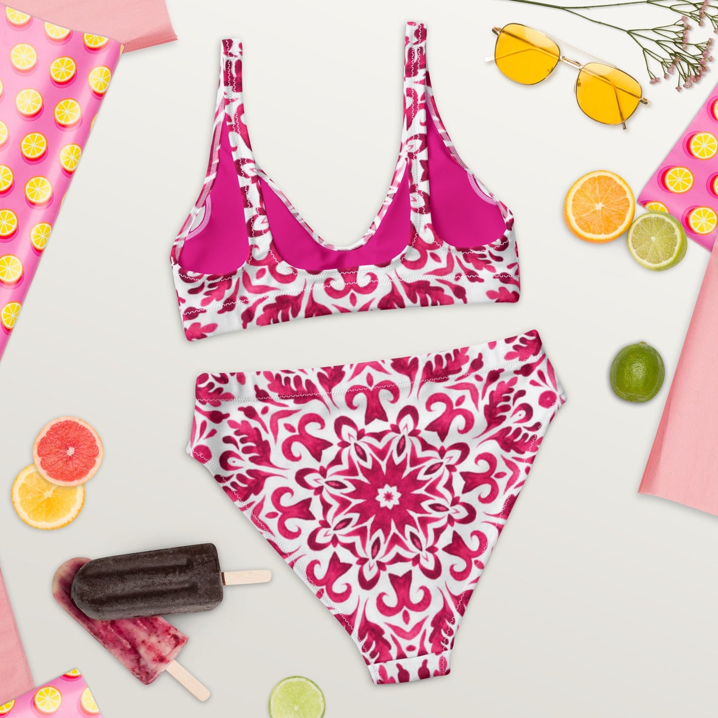 Recycled high - waisted bikini, Pink White Floral Bikini - PratSN