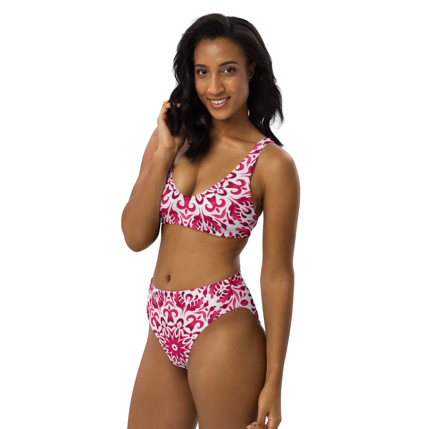Recycled high - waisted bikini, Pink White Floral Bikini - PratSN