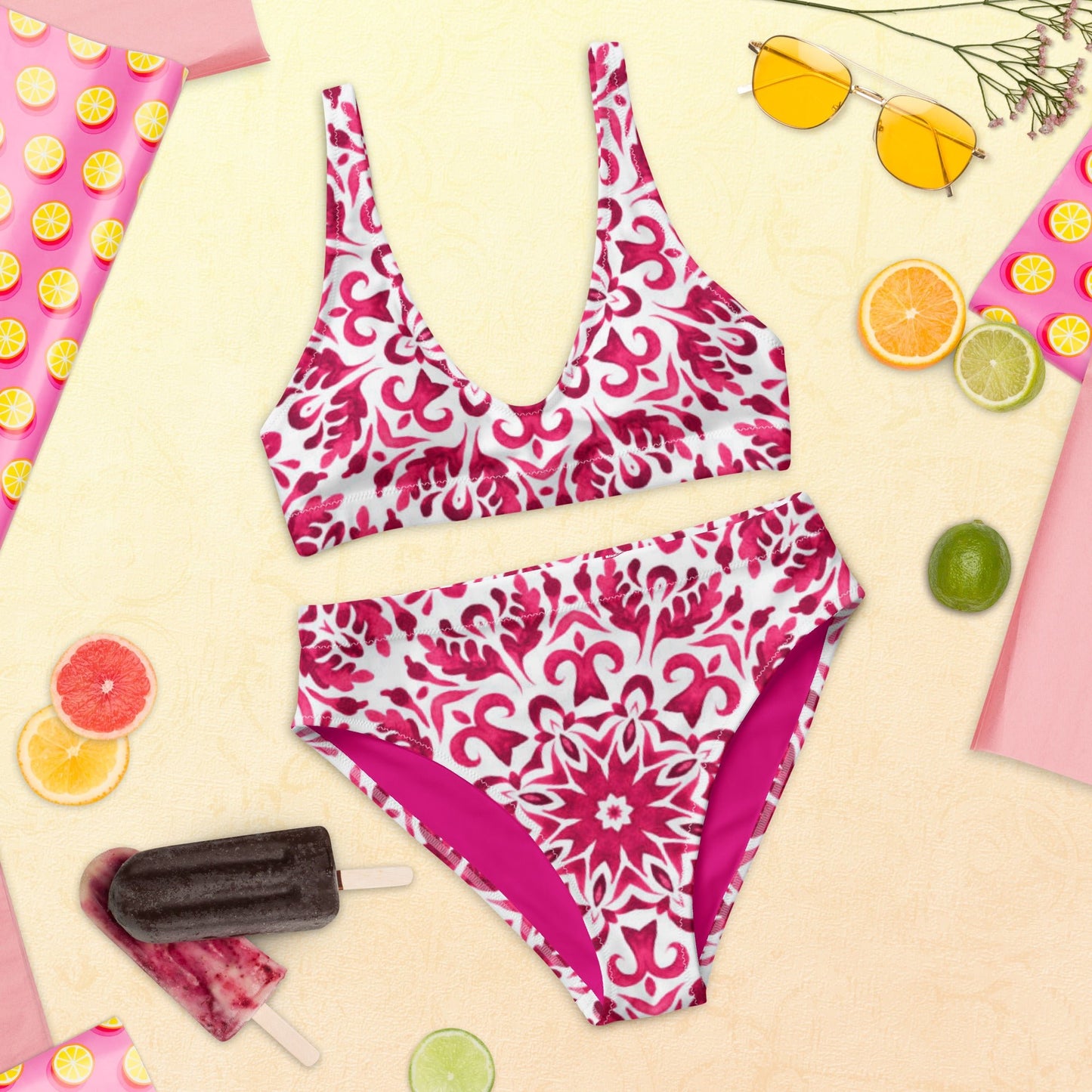 Recycled high - waisted bikini, Pink White Floral Bikini - PratSN