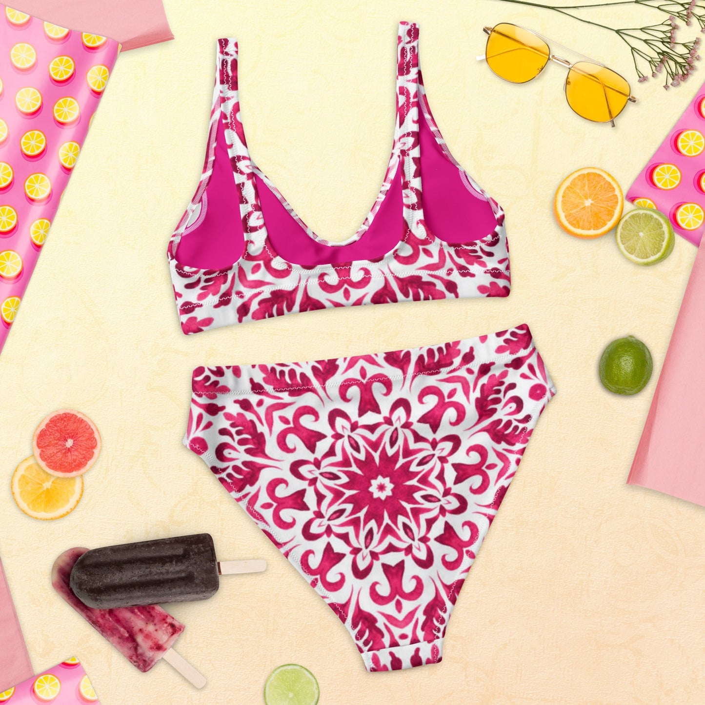 Recycled high - waisted bikini, Pink White Floral Bikini - PratSN