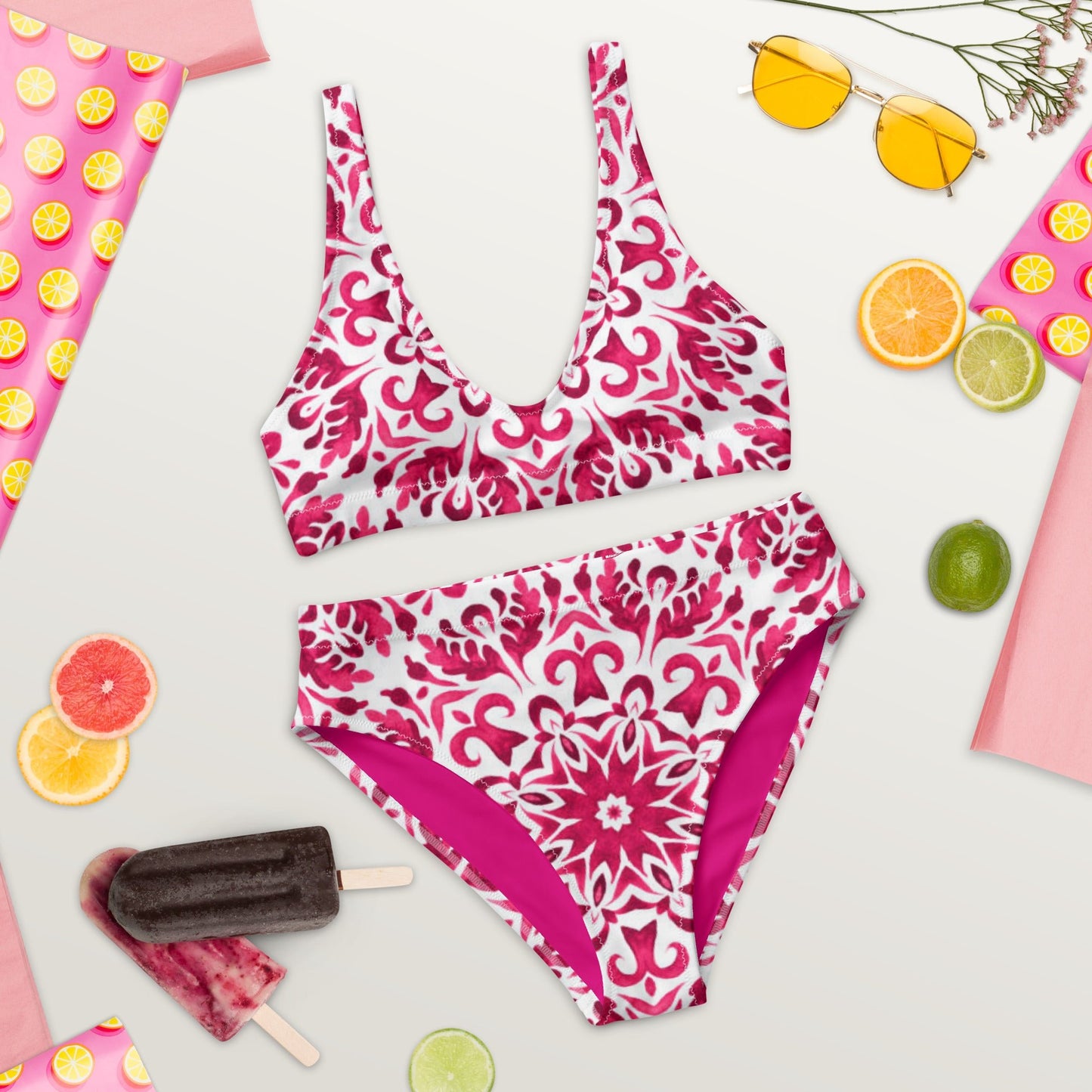 Recycled high - waisted bikini, Pink White Floral Bikini - PratSN