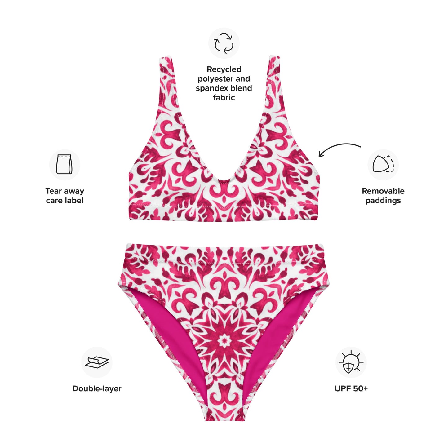 Recycled high - waisted bikini, Pink White Floral Bikini - PratSN