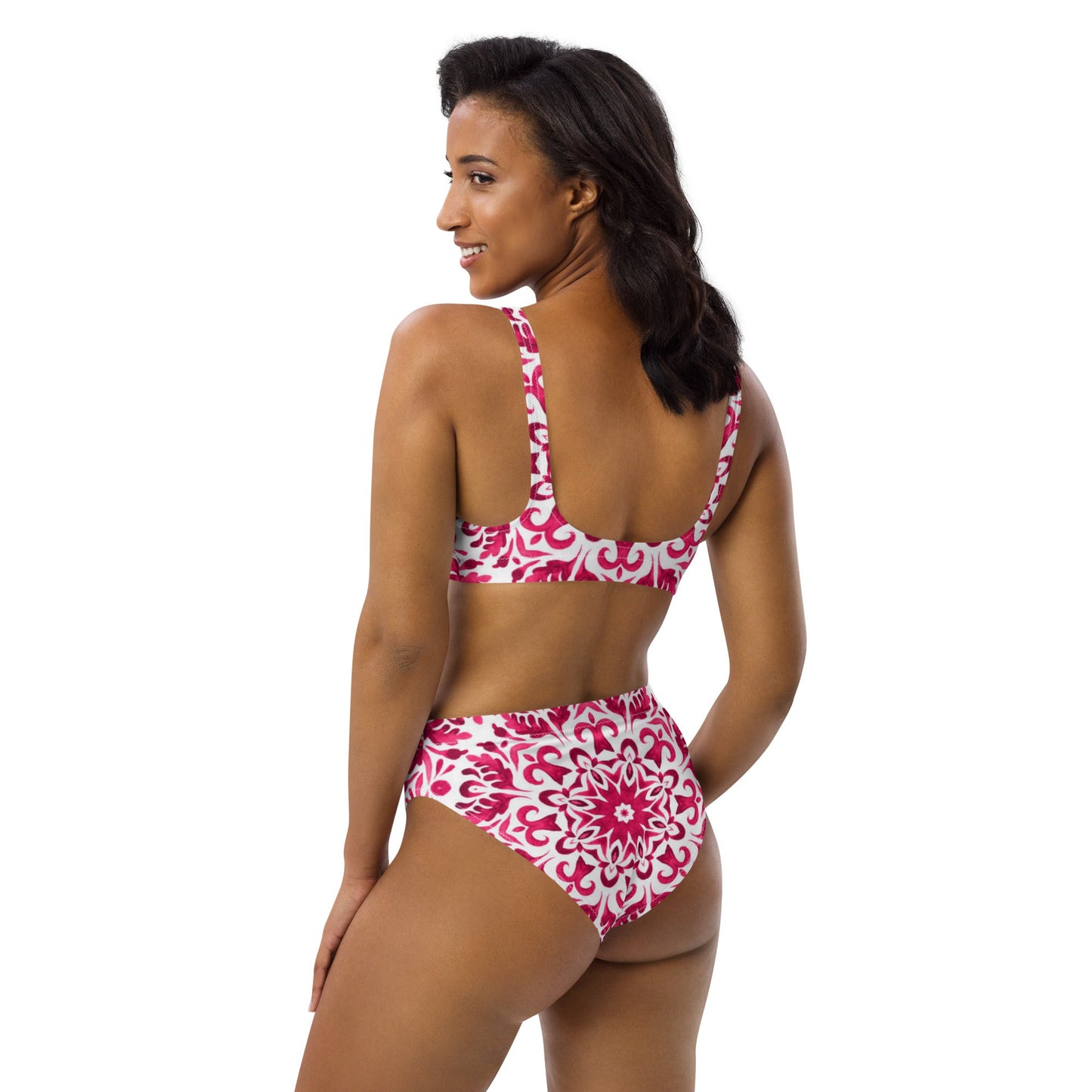 Recycled high - waisted bikini, Pink White Floral Bikini - PratSN