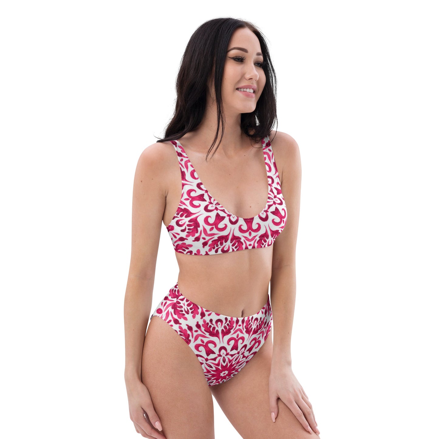 Recycled high - waisted bikini, Pink White Floral Bikini - PratSN