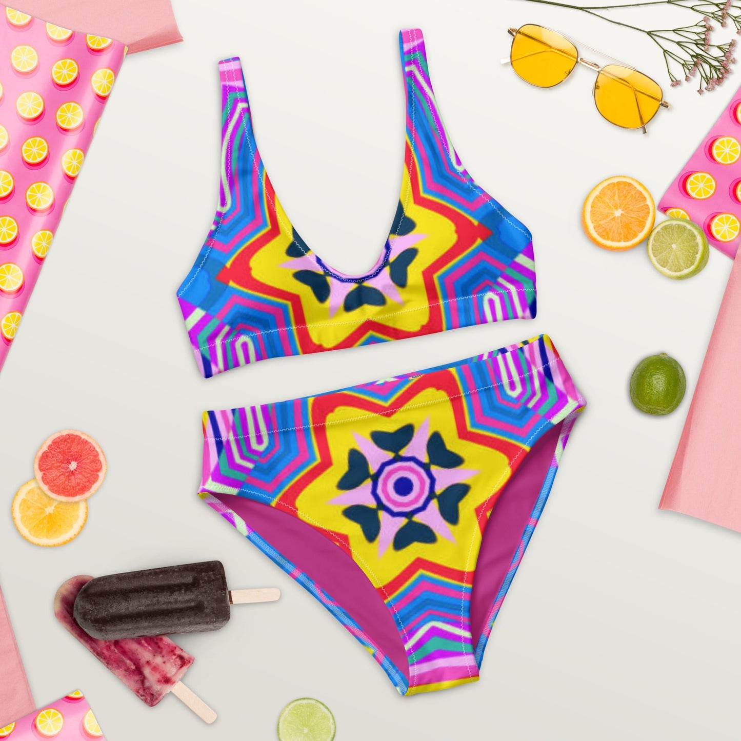 Recycled high - waisted bikini, Purple Yellow Beach dress, Beach dress for summer and spring - PratSN
