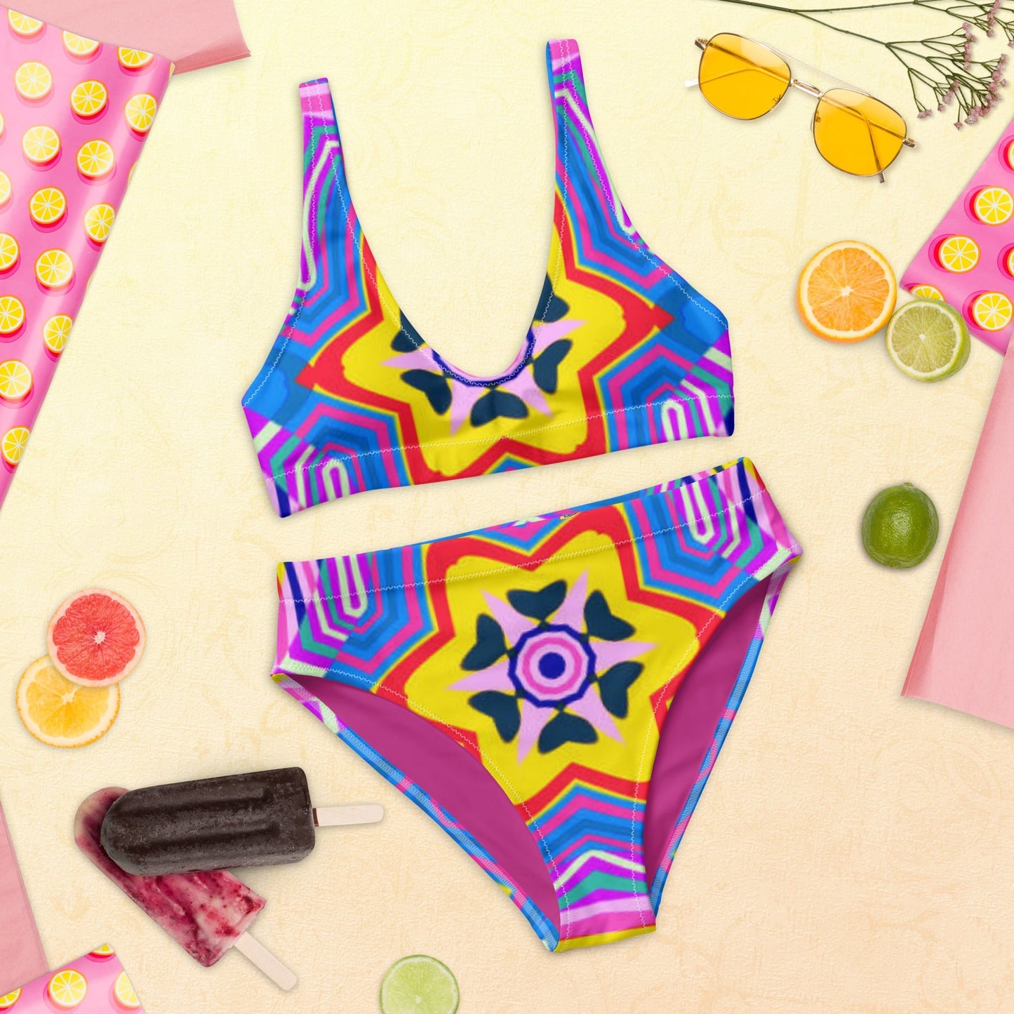 Recycled high - waisted bikini, Purple Yellow Beach dress, Beach dress for summer and spring - PratSN