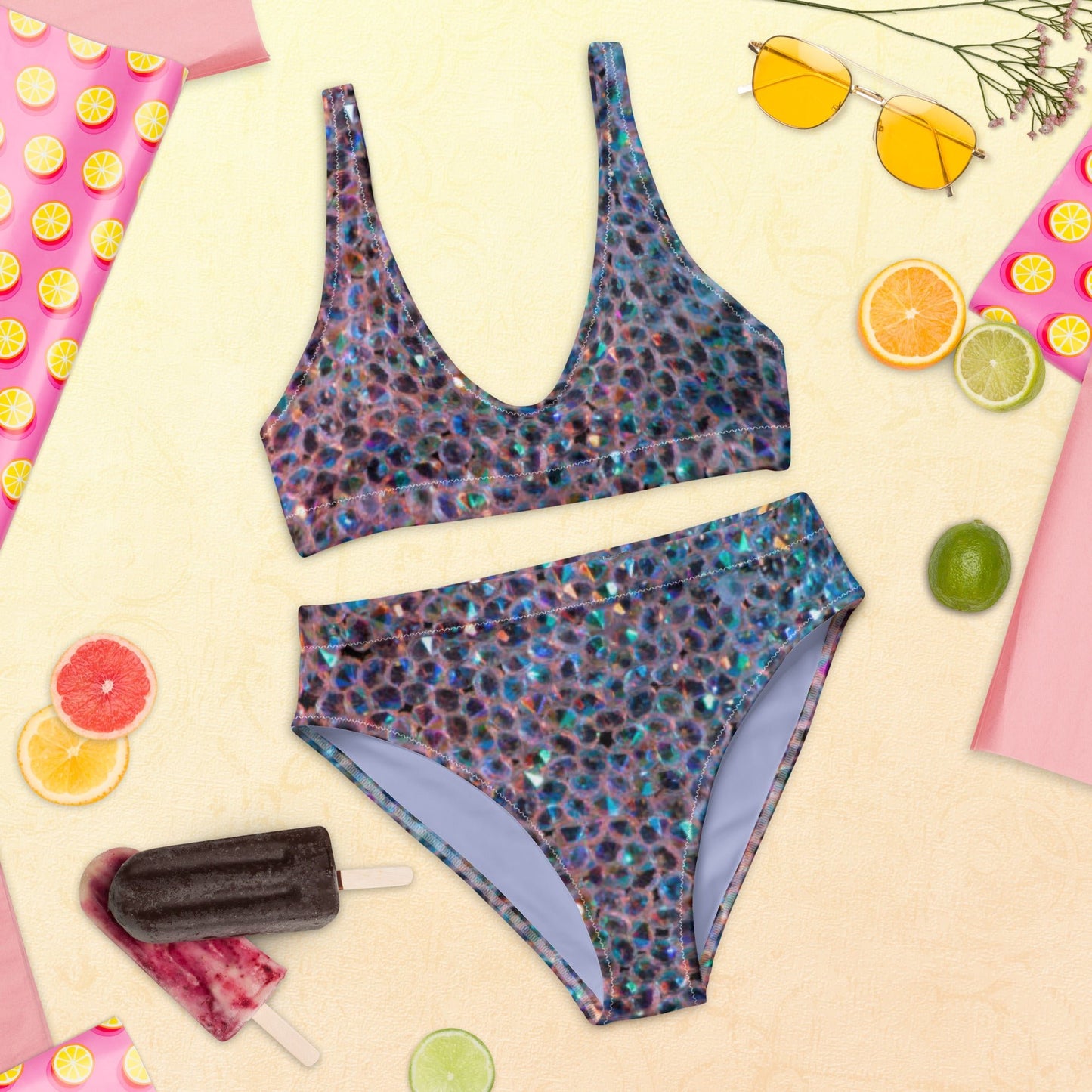 Recycled high - waisted bikini, Rhinestone print (Not Real Sequins Design Is Printed onto fabric) - PratSN