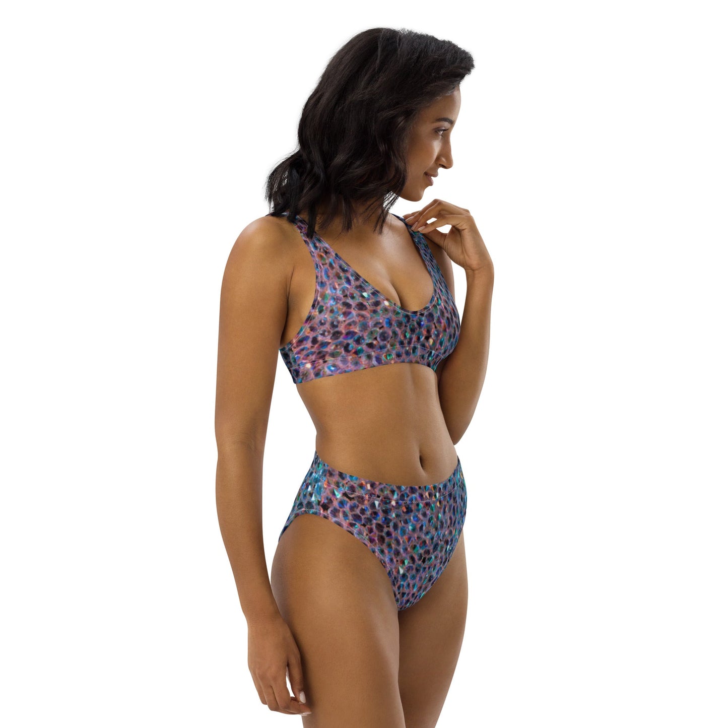 Recycled high - waisted bikini, Rhinestone print (Not Real Sequins Design Is Printed onto fabric) - PratSN