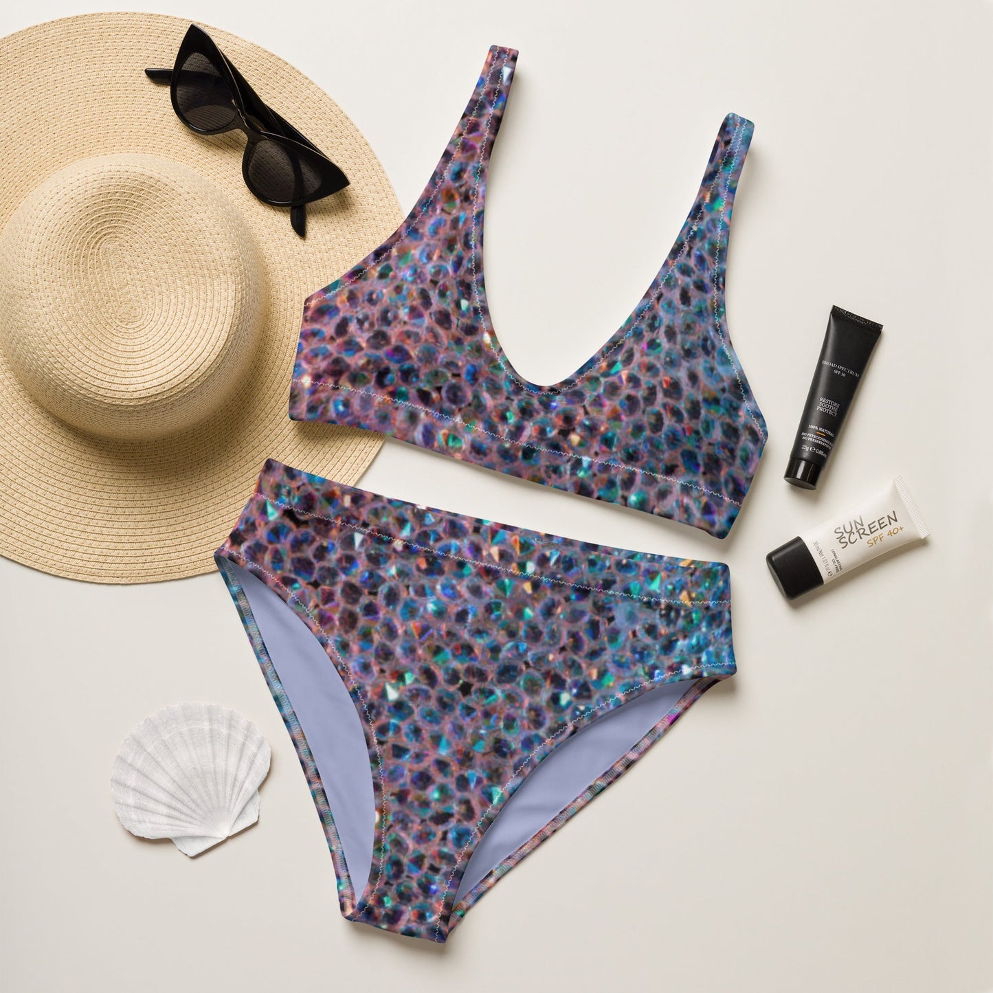 Recycled high - waisted bikini, Rhinestone print (Not Real Sequins Design Is Printed onto fabric) - PratSN