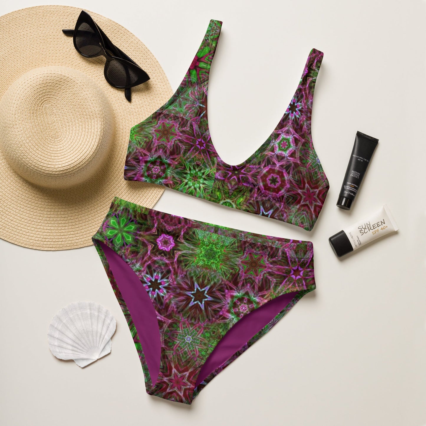 Recycled high - waisted bikini, Two Piece Swimsuit for Women Vacation Beachwear Cruise Swimsuit Bikini, Gift Green Pink Bathing Suit - PratSN
