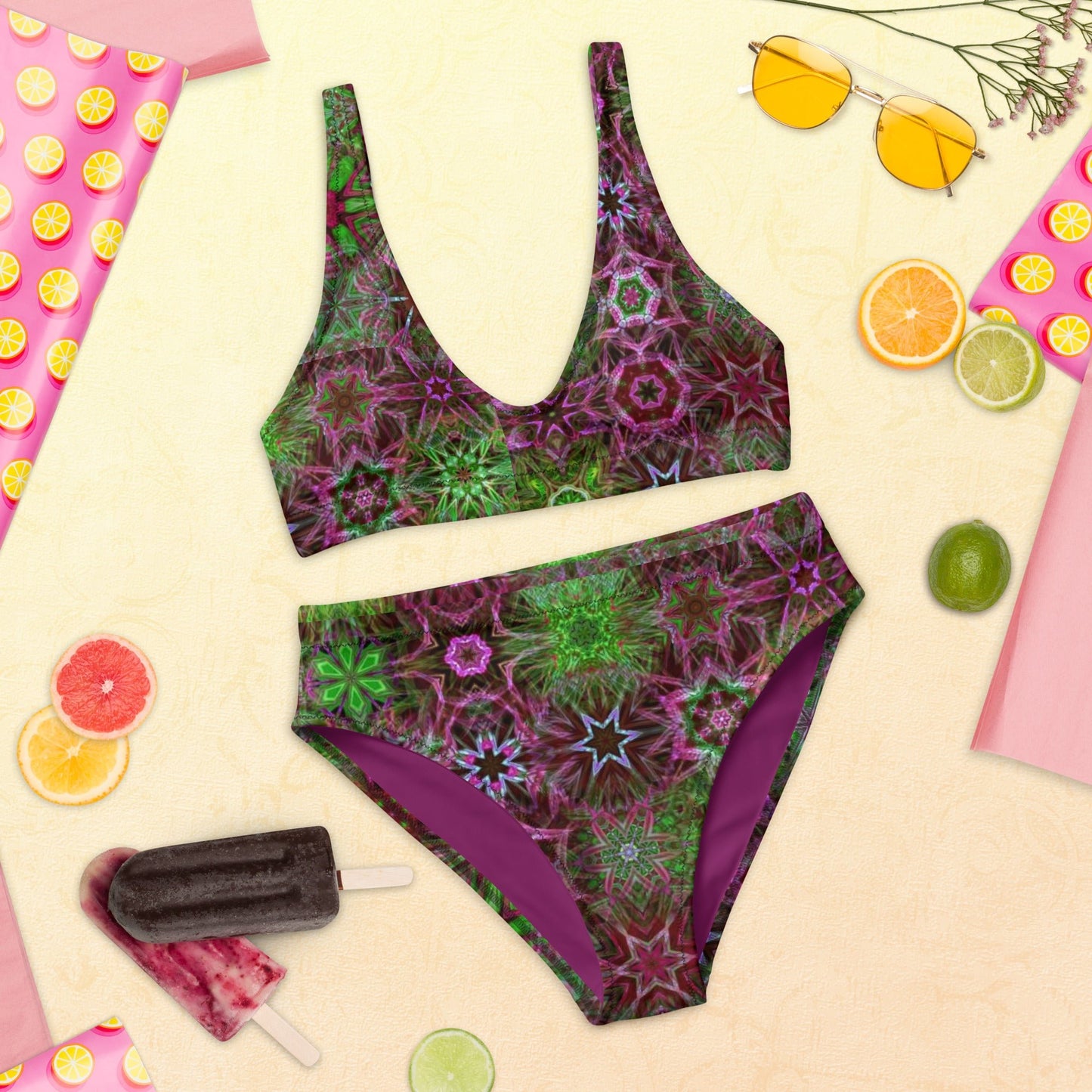Recycled high - waisted bikini, Two Piece Swimsuit for Women Vacation Beachwear Cruise Swimsuit Bikini, Gift Green Pink Bathing Suit - PratSN