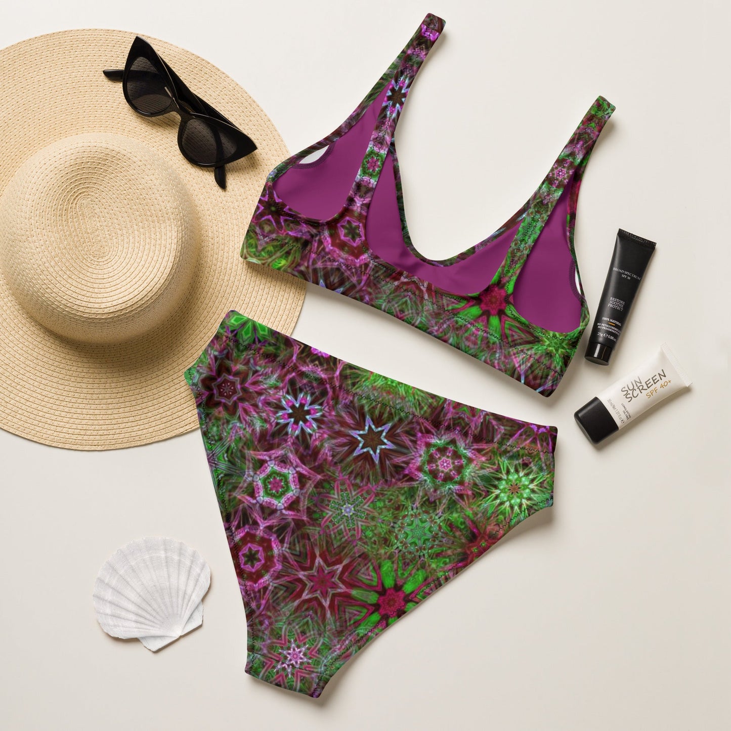 Recycled high - waisted bikini, Two Piece Swimsuit for Women Vacation Beachwear Cruise Swimsuit Bikini, Gift Green Pink Bathing Suit - PratSN